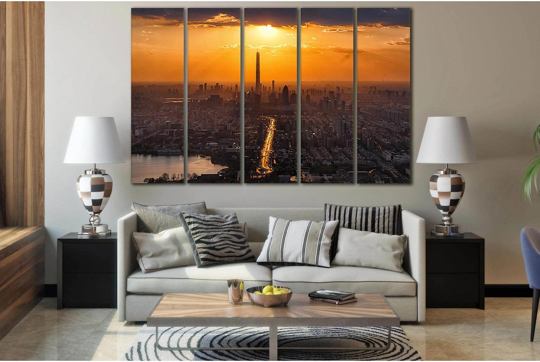 Sunset Over City №SL297 Ready to Hang Canvas Print - Zellart Canvas Prints 0new, ALL_Products, SUNRISE & SUNSET WALL ART