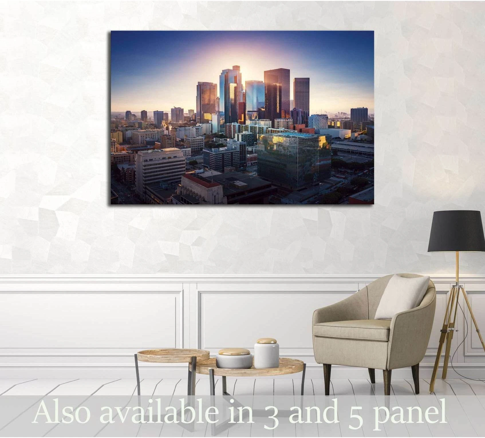 Los Angeles downtown skyline canvas print in retro sunset tones displayed in a modern neutral living room