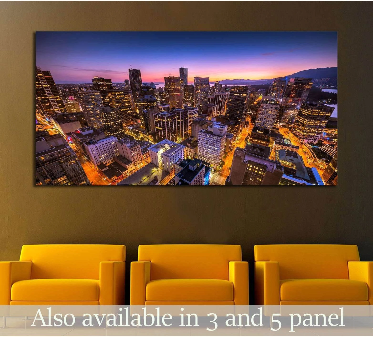 Vancouver skyline sunset canvas print above yellow chairs in a modern reception area