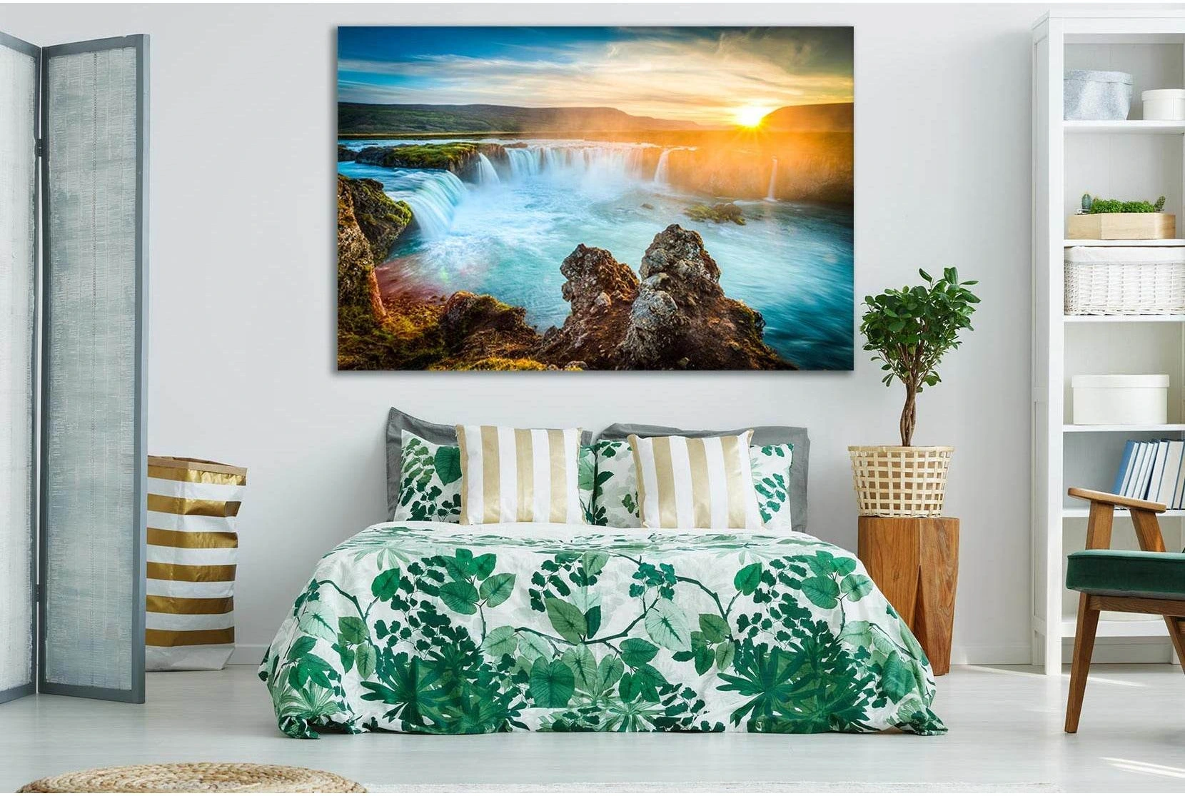 Sunset Waterfalls Godafoss №SL467 Ready to Hang Canvas Print - Zellart Canvas Prints 0new, ALL_Products, Waterfall, Waterfall Wall Art