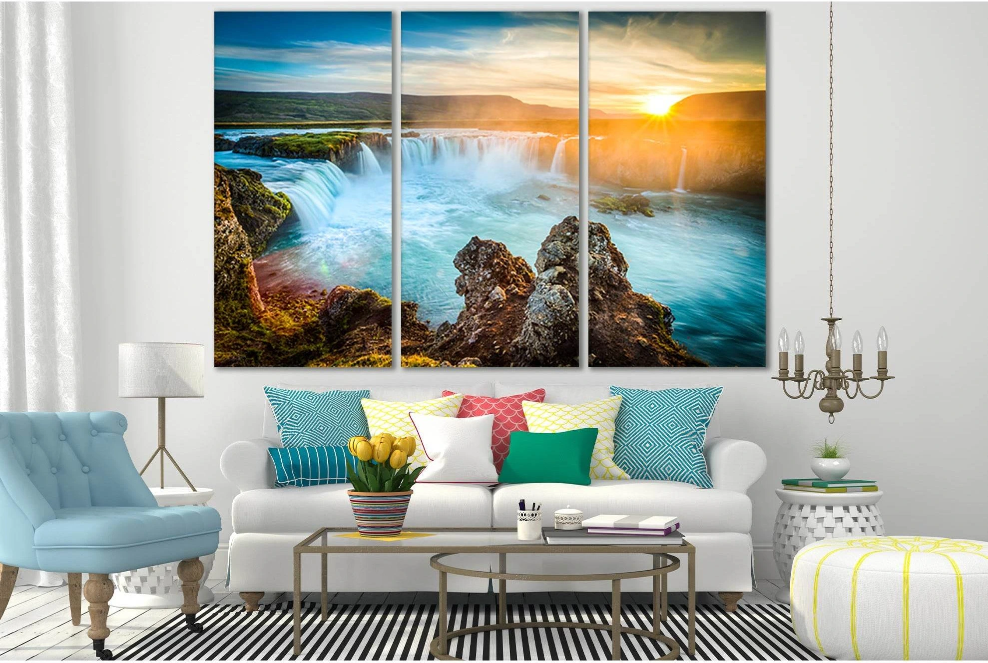 Sunset Waterfalls Godafoss №SL467 Ready to Hang Canvas Print - Zellart Canvas Prints 0new, ALL_Products, Waterfall, Waterfall Wall Art