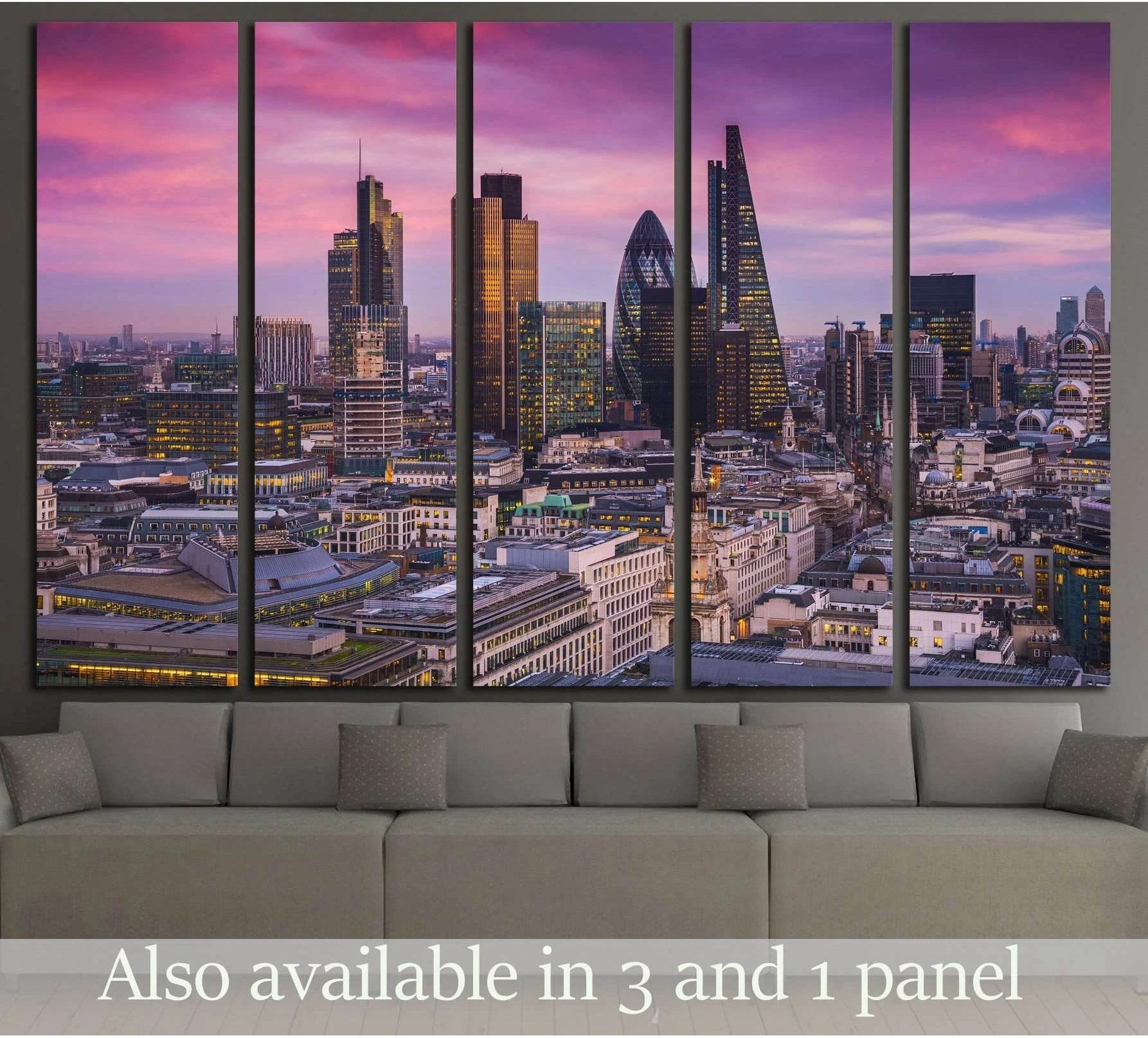 London skyline canvas print with purple sunset sky and City of London office towers above a sofa