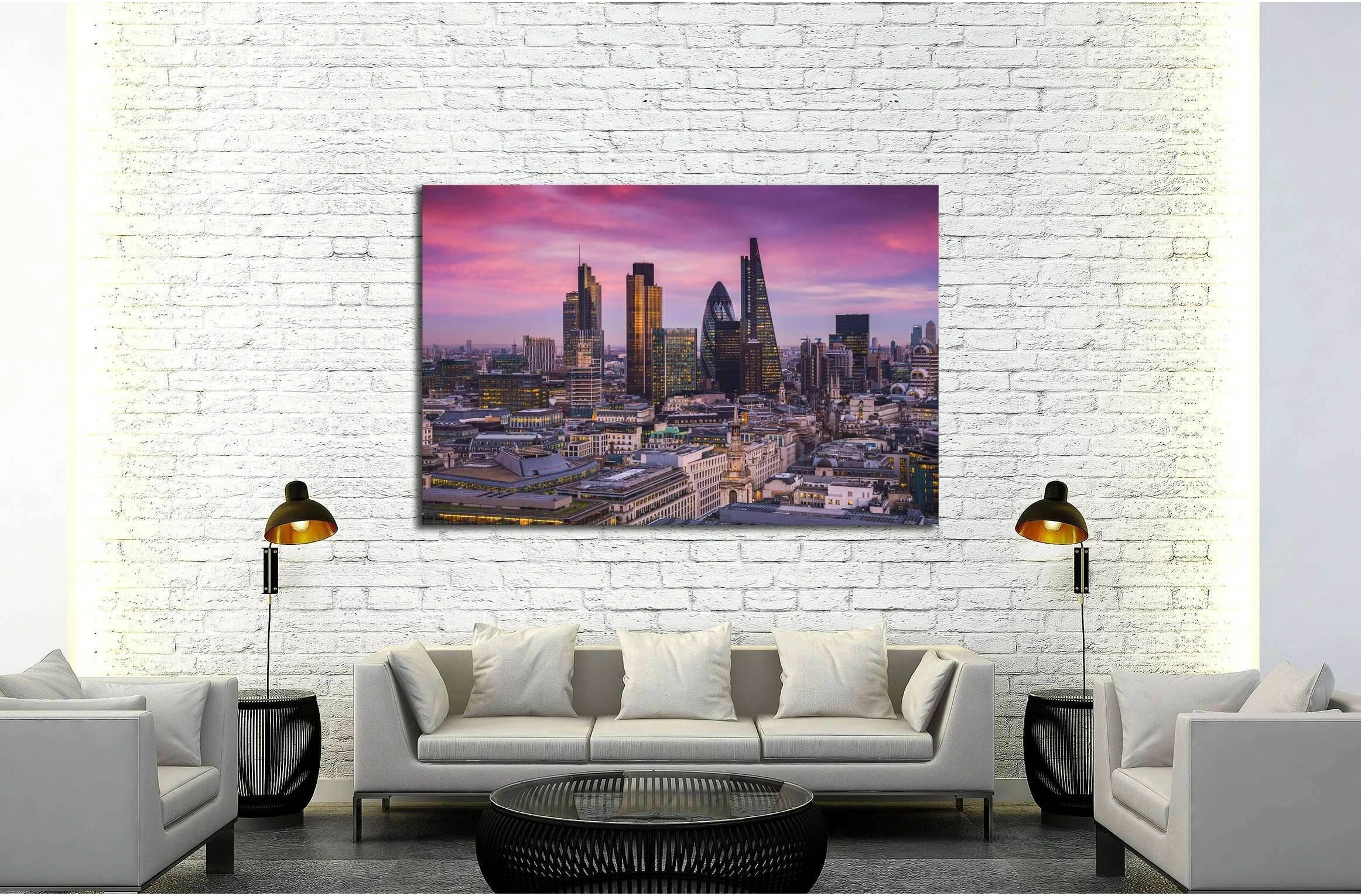 sunset with office buildings and beautiful purple sky - England, UK №3007 Ready to Hang Canvas Print - Zellart Canvas Prints ALL_Products, s-3007