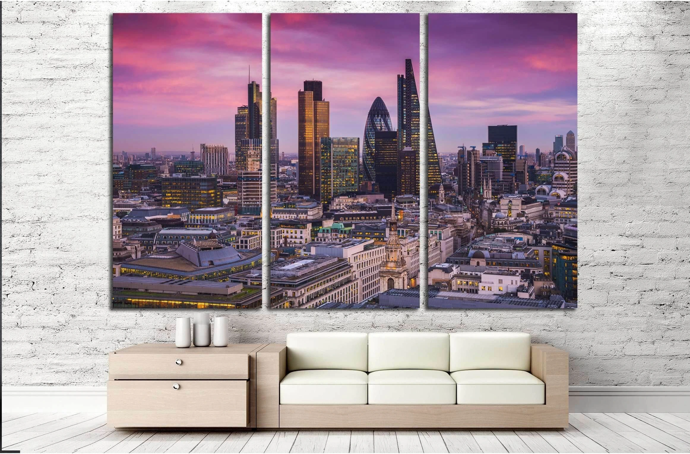 sunset with office buildings and beautiful purple sky - England, UK №3007 Ready to Hang Canvas Print - Zellart Canvas Prints ALL_Products, s-3007