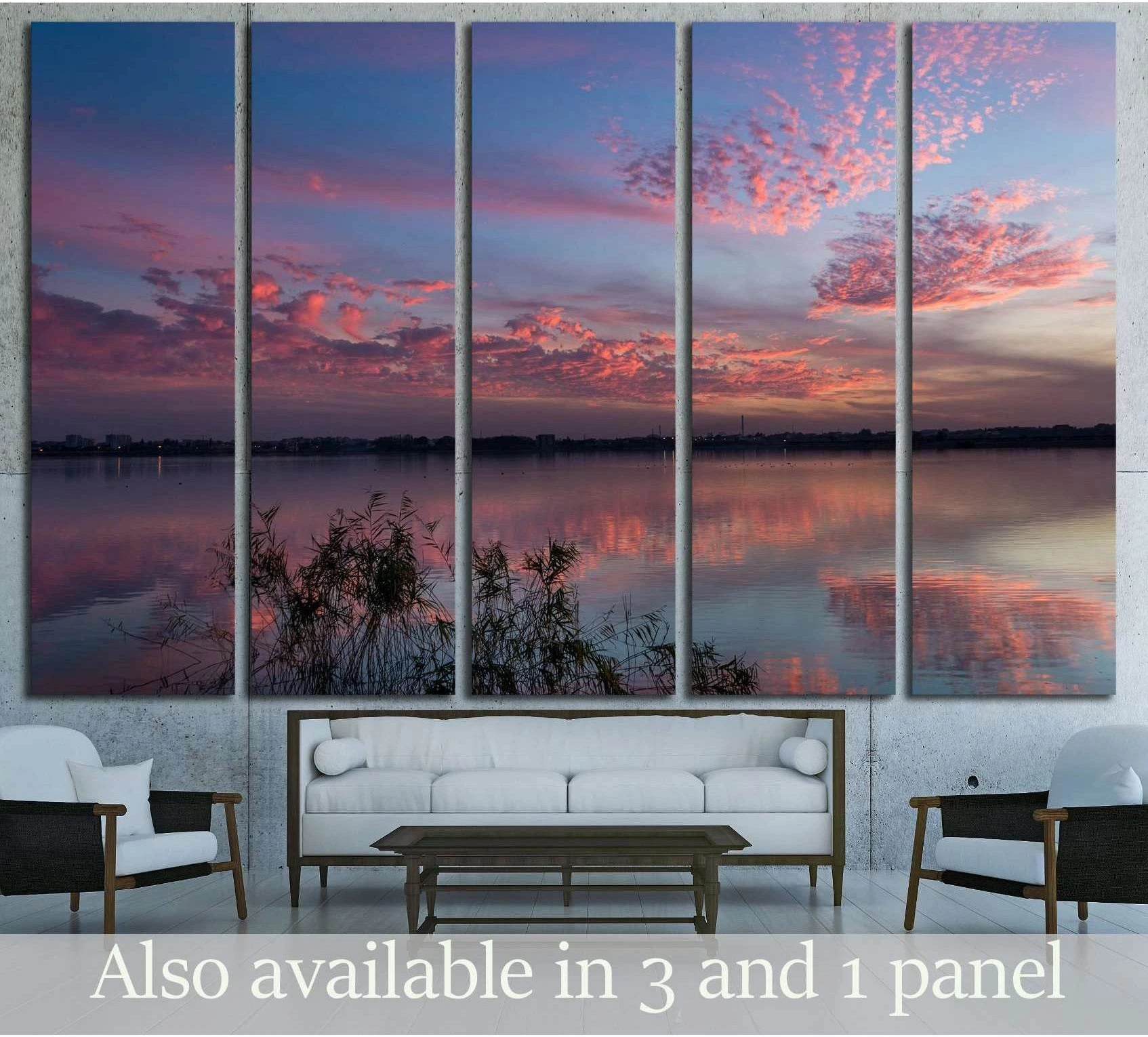 sunset with pink clouds showing blue ocean wall art with water and coastal depth.