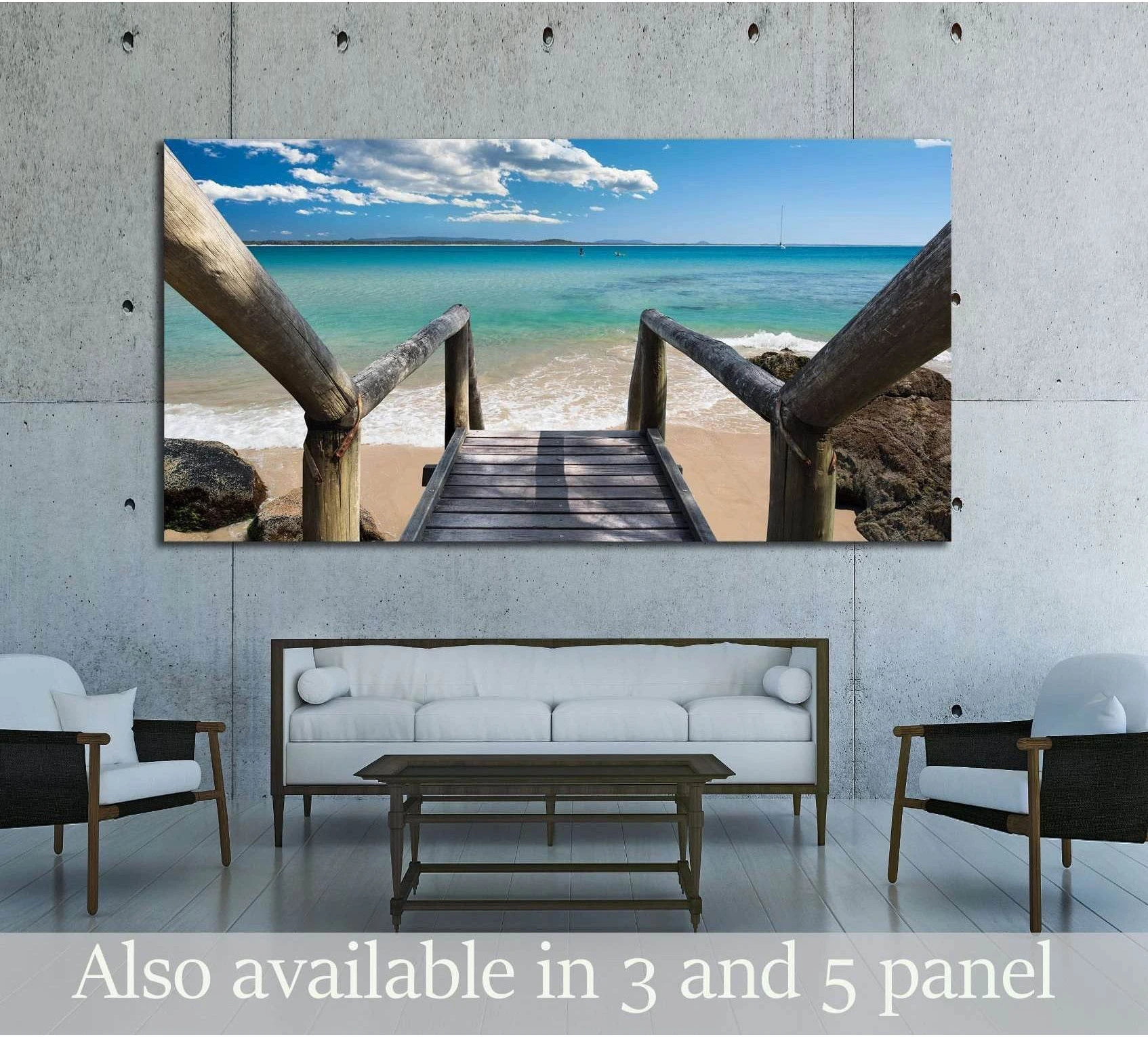 Turquoise Ocean Beach Steps Wall Art with Blue Sky Clouds selected as rocky shore and coastal edge with water movement and sea texture.