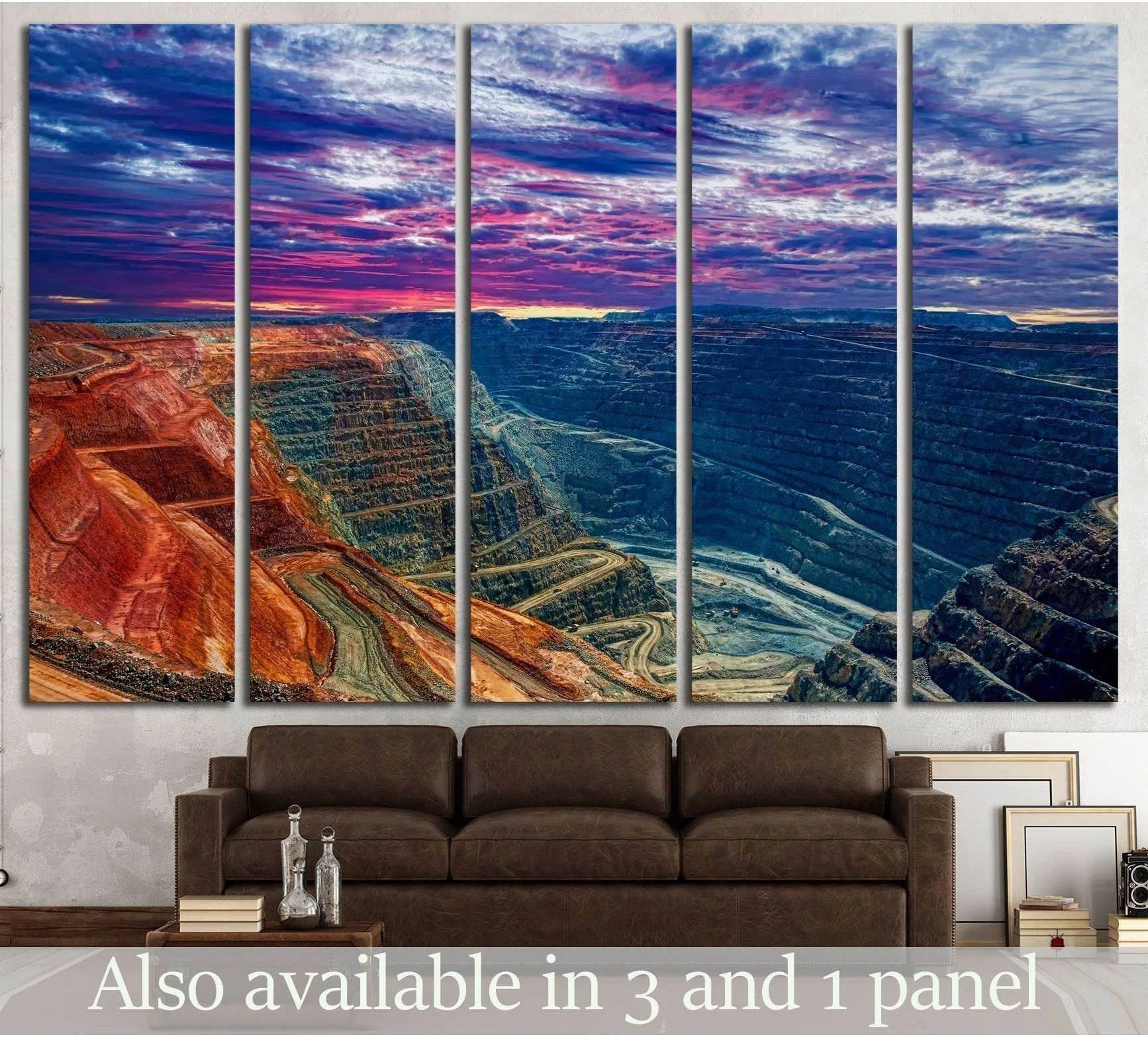Kalgoorlie Super Pit five-panel canvas print above sofa with layered mine terraces at sunset