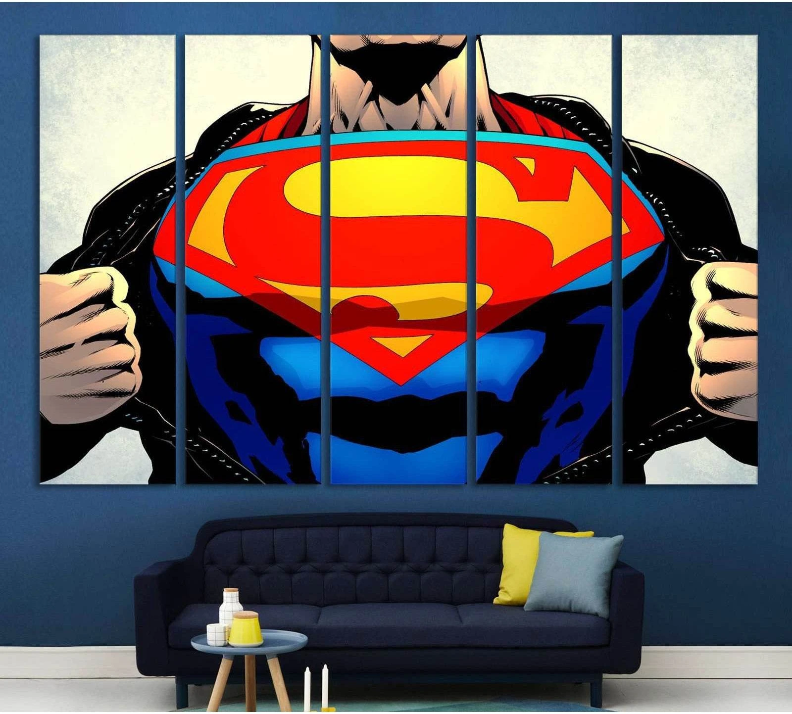 Superman chest emblem five-panel canvas print displayed above a sofa in a modern living room