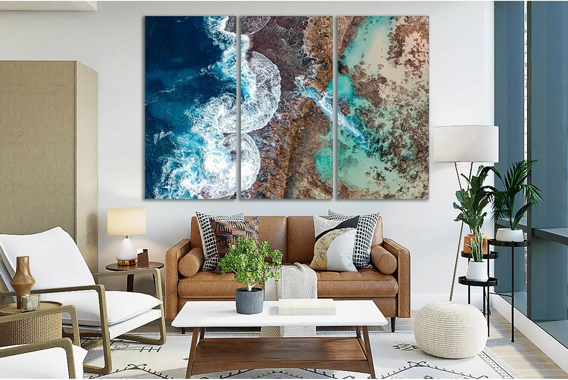Turquoise and Navy Ocean Waves Triptych Wall Art Canvas Print showing ocean water, wave movement and surf.