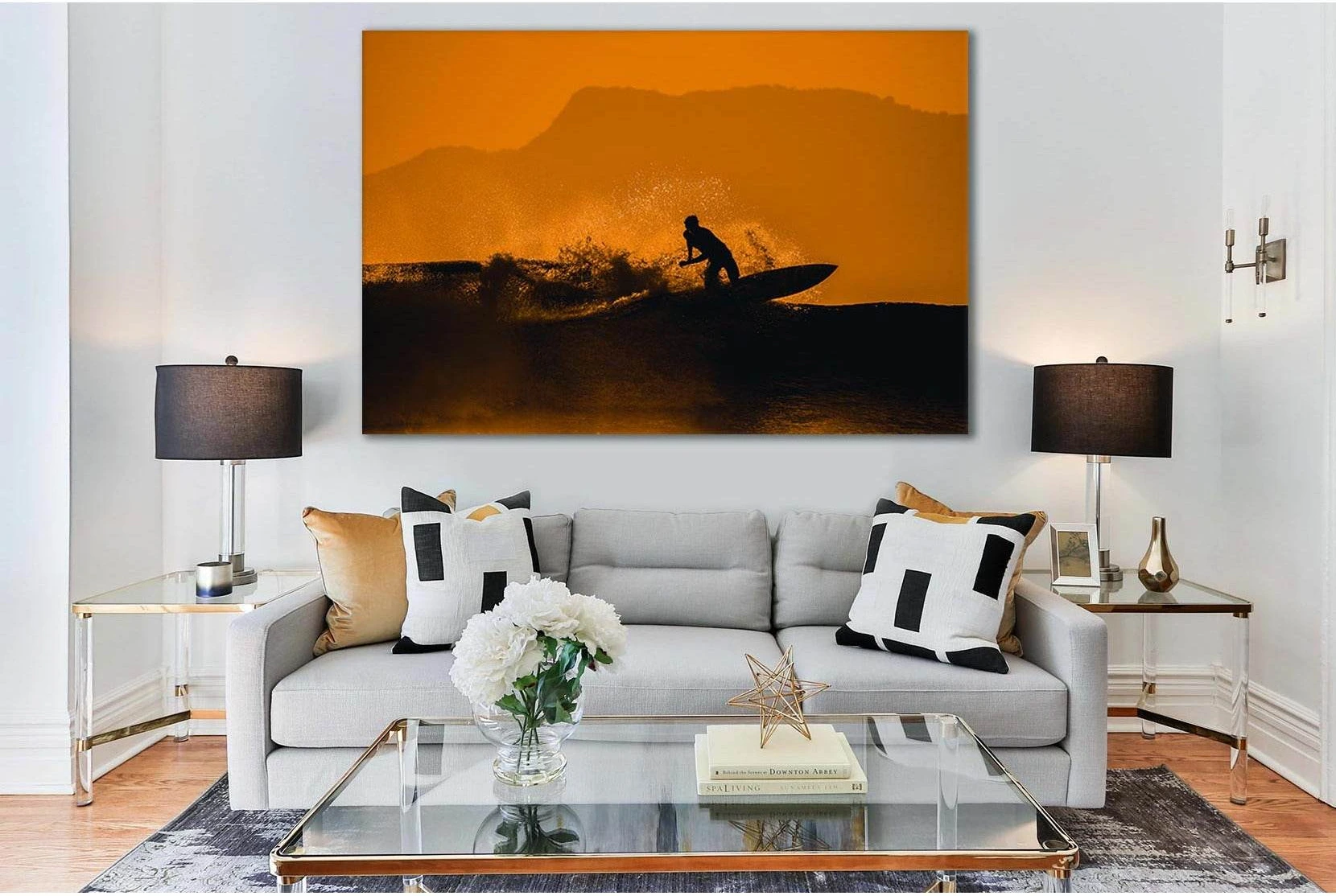 Surfer at Orange Sunset Canvas Print or Wall Art showing ocean water, wave movement and surf.