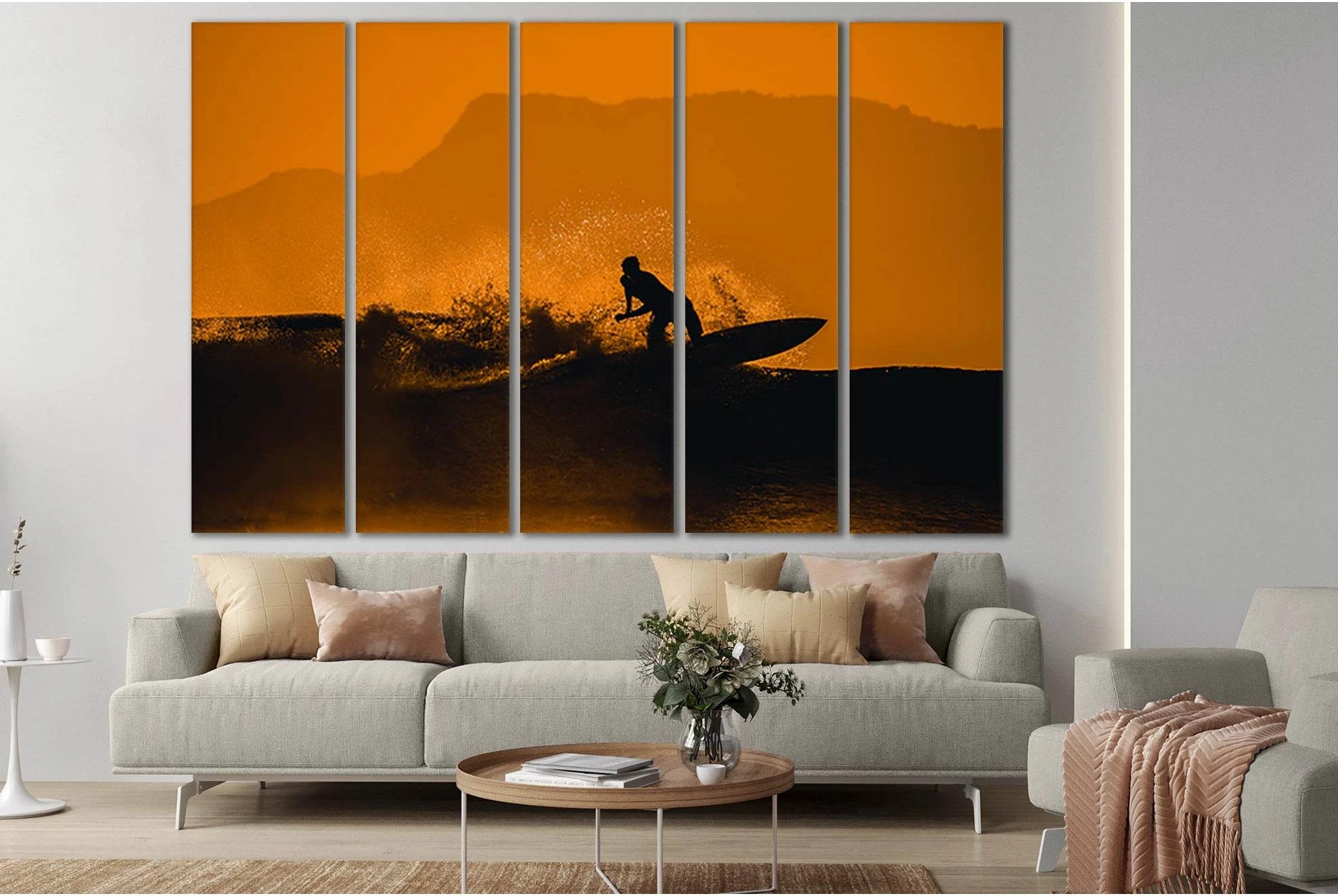 Surfer At Orange Sunset №SL141 Ready to Hang Canvas Print - Zellart Canvas Prints 0new, ALL_Products, Beach Ocean & Waves