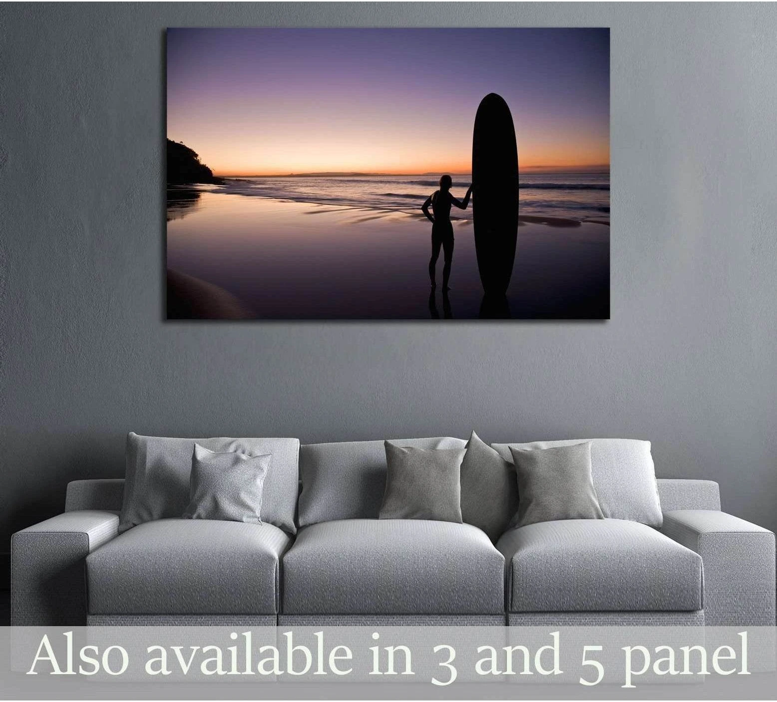 Surfer at sunset on the Sunshine Coast Queensland Australia selected for cliffs, piers and shorelines in modern nautical wall art.