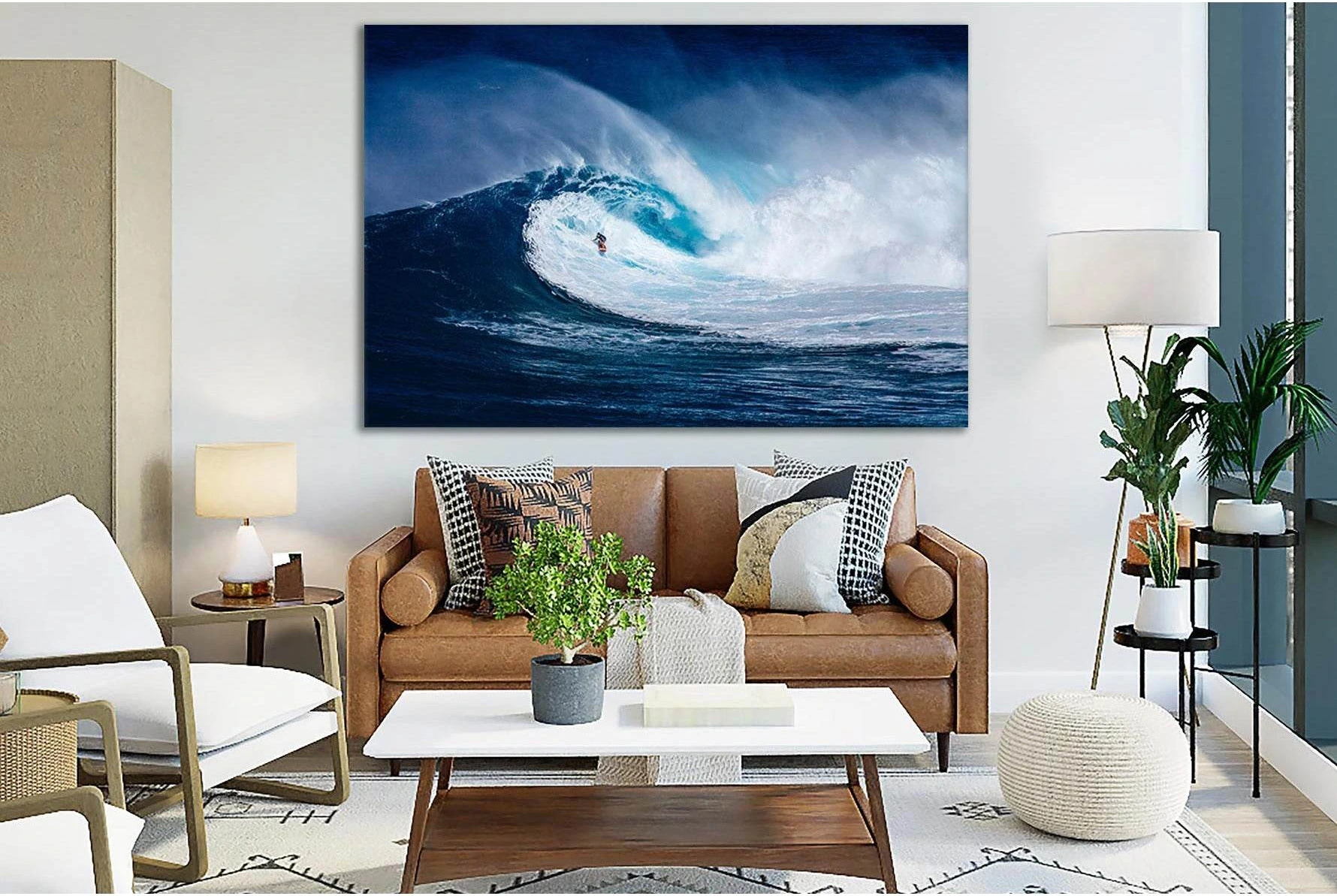 Ocean Wave With Surfer Canvas Print in Deep Blue & White showing ocean water, wave movement and surf.