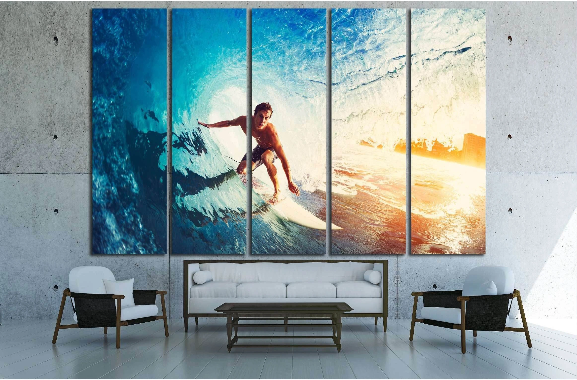 Surfer on Blue Ocean Wave Getting Barreled at Sunrise №3246 Ready to Hang Canvas Print - Zellart Canvas Prints ALL_Products, s-3246