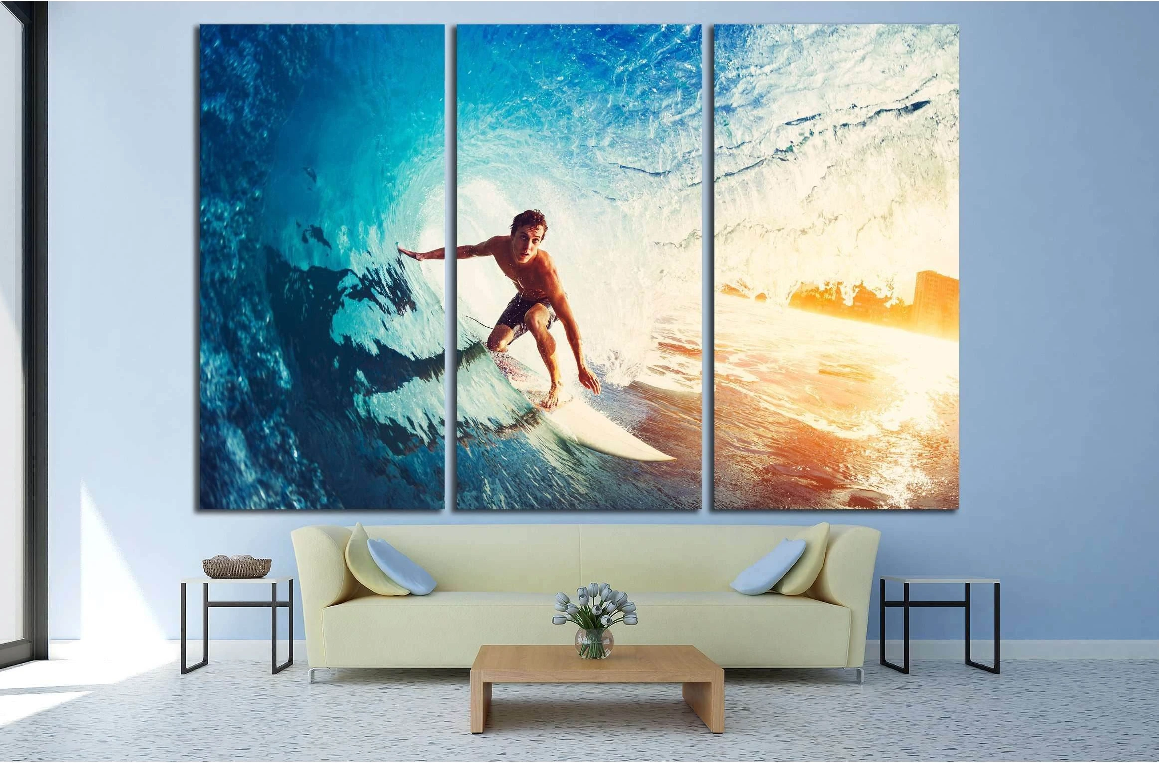 Surfer on Blue Ocean Wave Getting Barreled at Sunrise №3246 Ready to Hang Canvas Print - Zellart Canvas Prints ALL_Products, s-3246