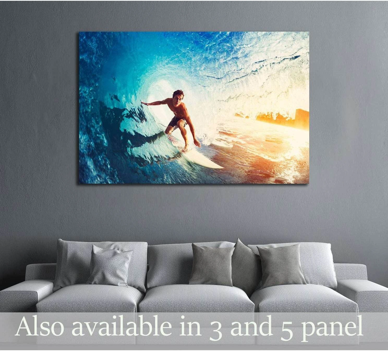 Surfer on Blue Ocean Wave Getting Barreled at Sunrise showing ocean water, wave movement and surf.