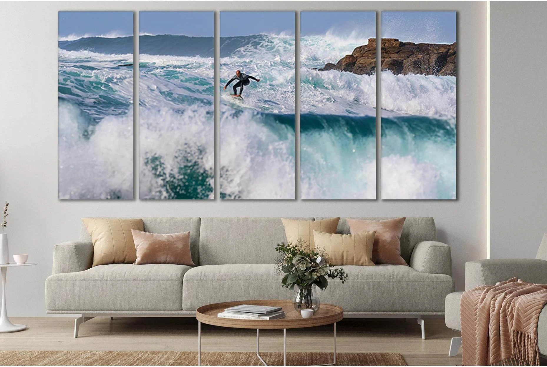 Surfer on Blue Ocean Waves Canvas Wall Art Print showing ocean water, wave movement and surf.