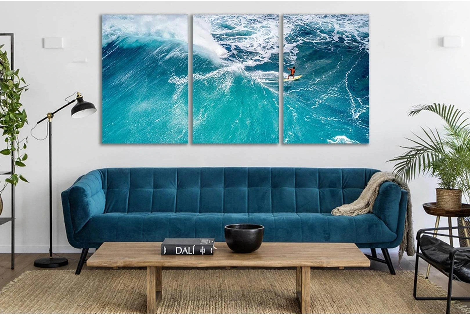 Surfer on Turquoise Wave Canvas Wall Art, Three Panels showing ocean water, wave movement and surf.