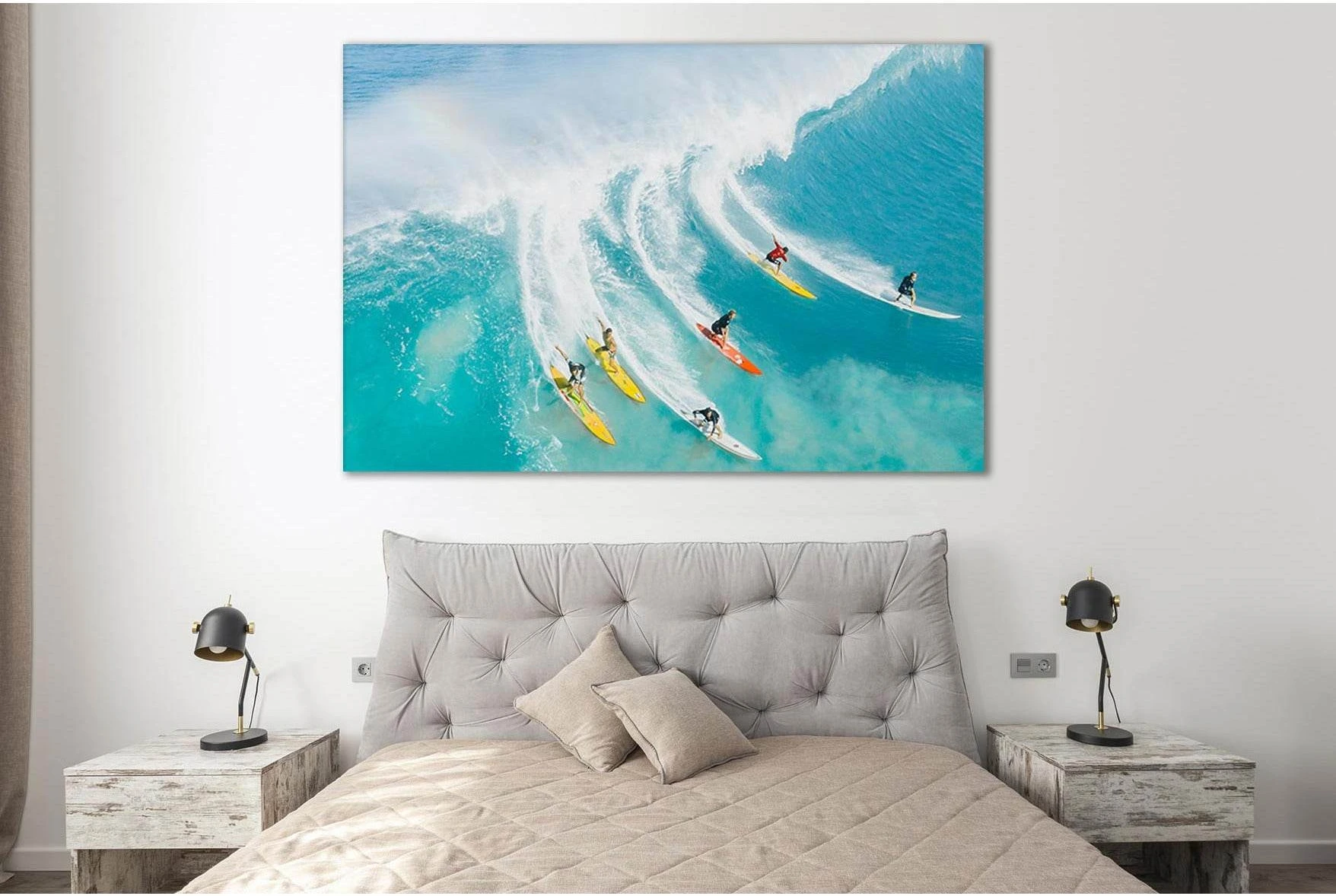 Turquoise Ocean Waves With Surfers Canvas Print Wall Art showing ocean water, wave movement and surf.