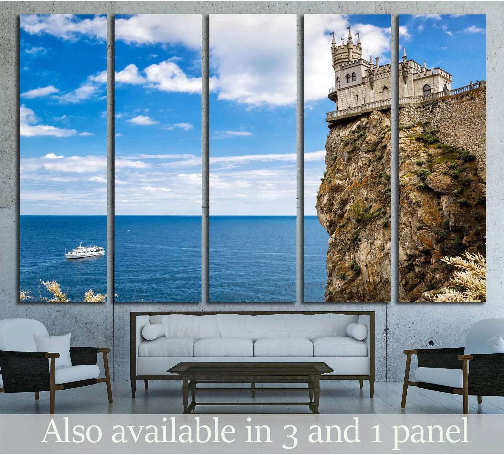 Swallow's Nest Castle canvas print above sofa in living room with Black Sea cliff view