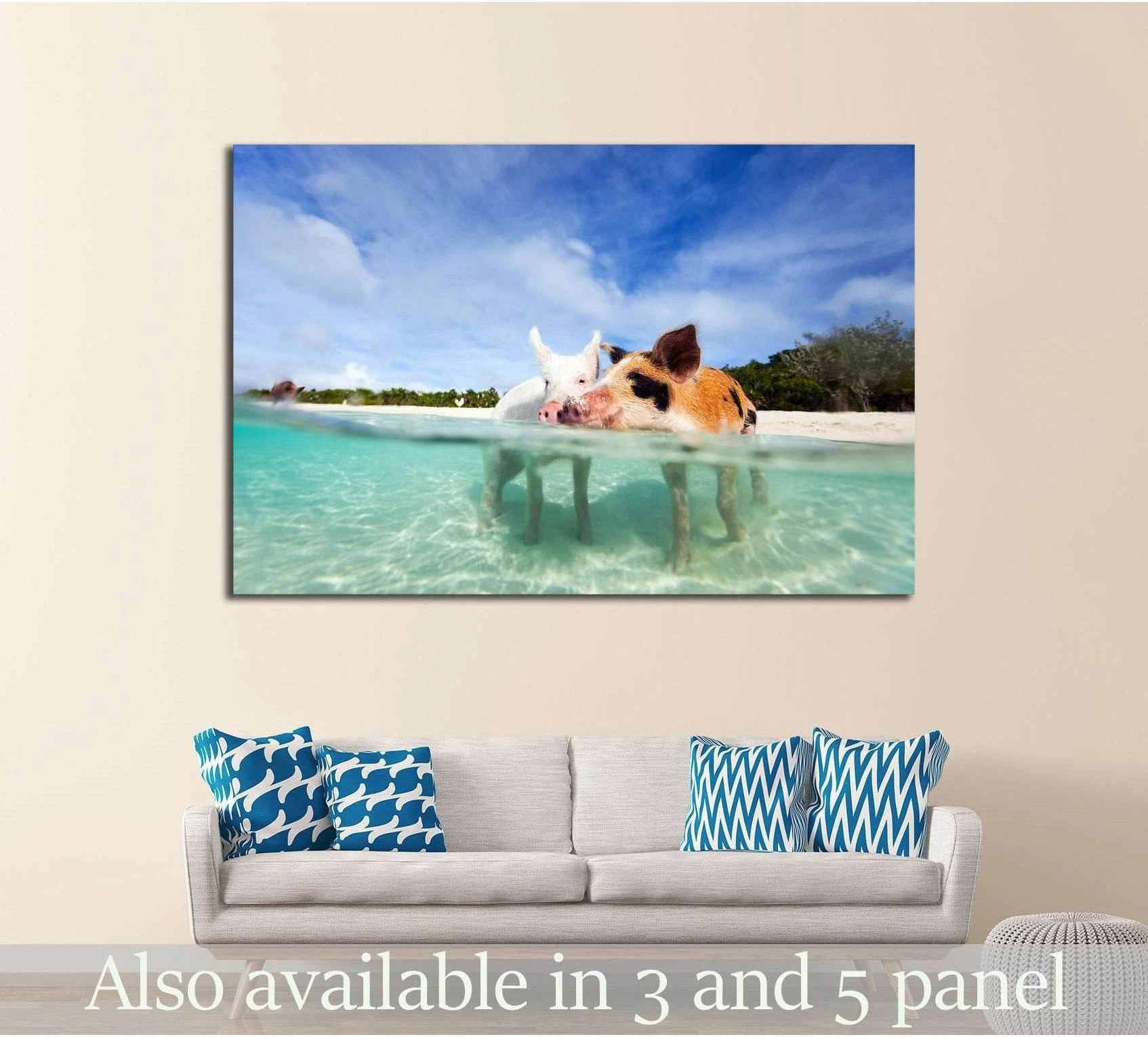 Swimming pigs of the Bahamas in the Out Islands of the Exuma showing sea water, shoreline and horizon depth.