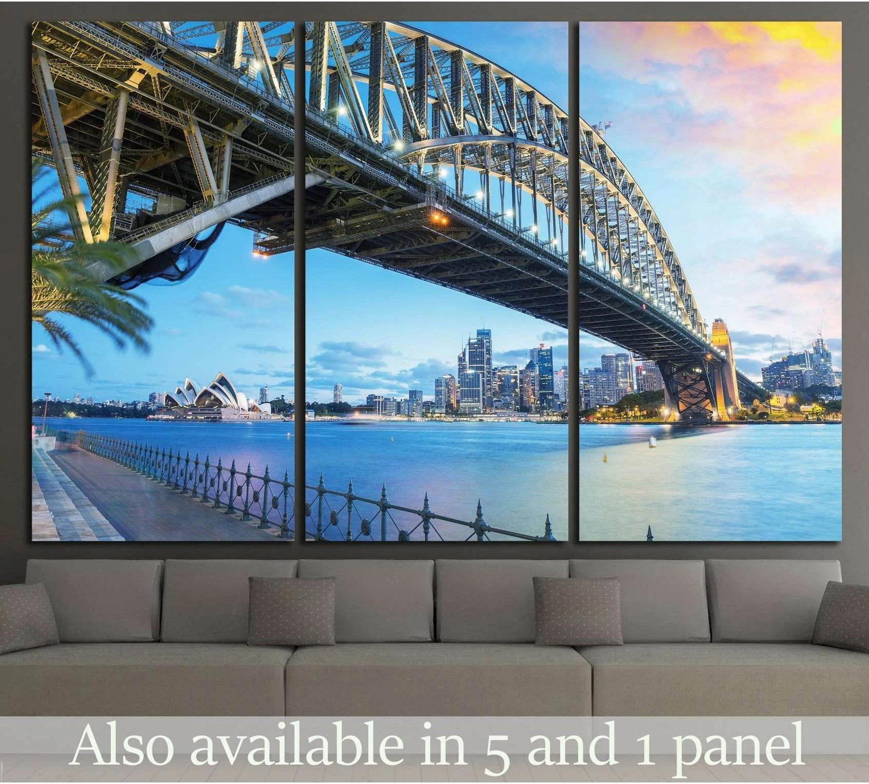 Sydney Harbour Bridge canvas print at dusk with Opera House and skyline above a sofa
