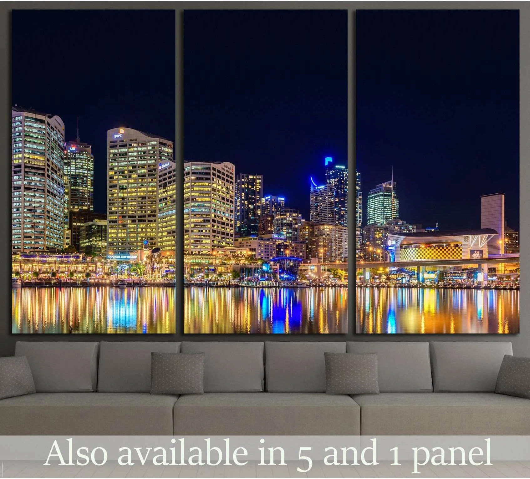 Sydney Darling Harbour night skyline canvas print above sofa with colorful city light reflections
