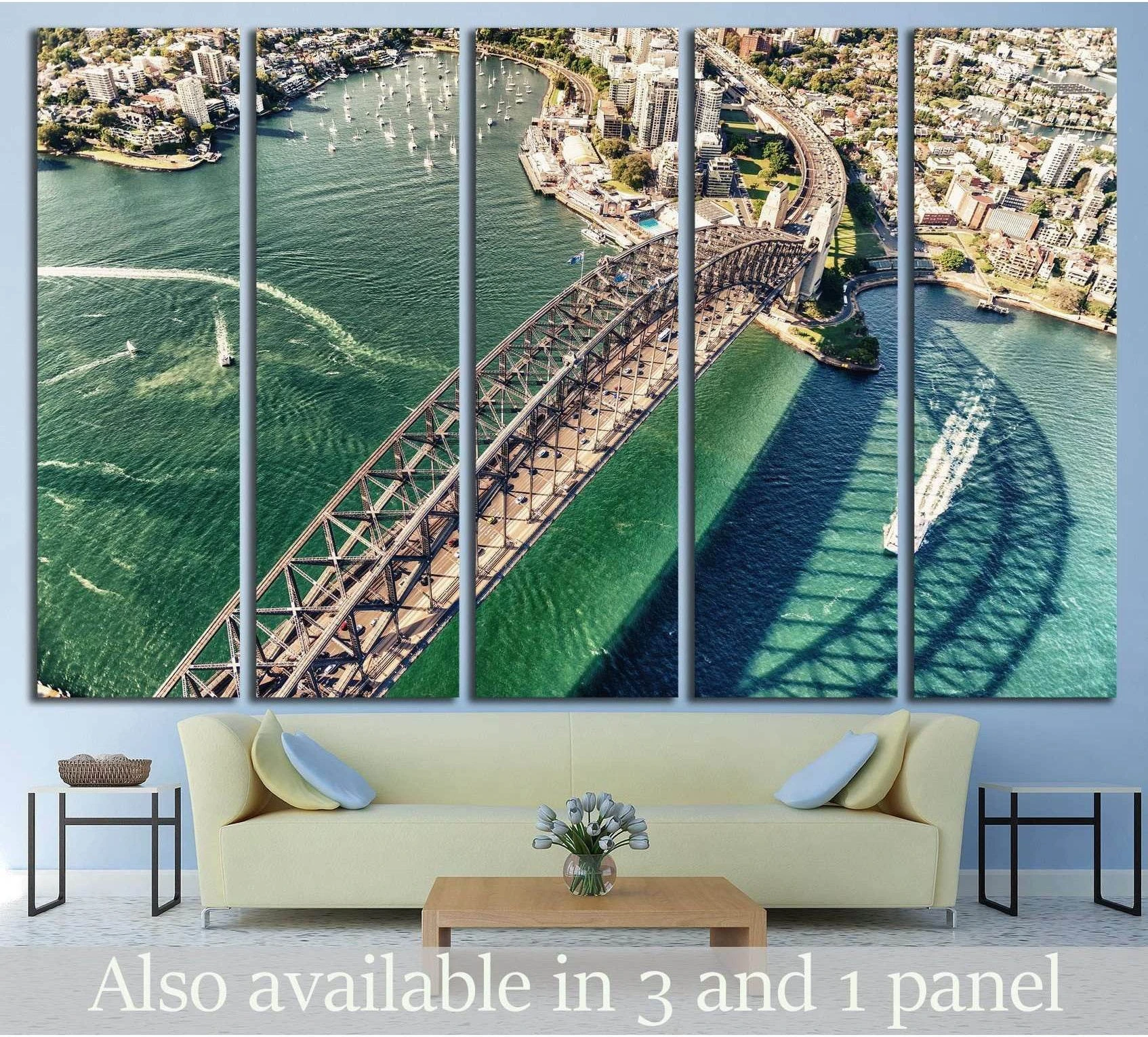 Sydney Harbour Bridge aerial view canvas print hung above sofa in a modern living room