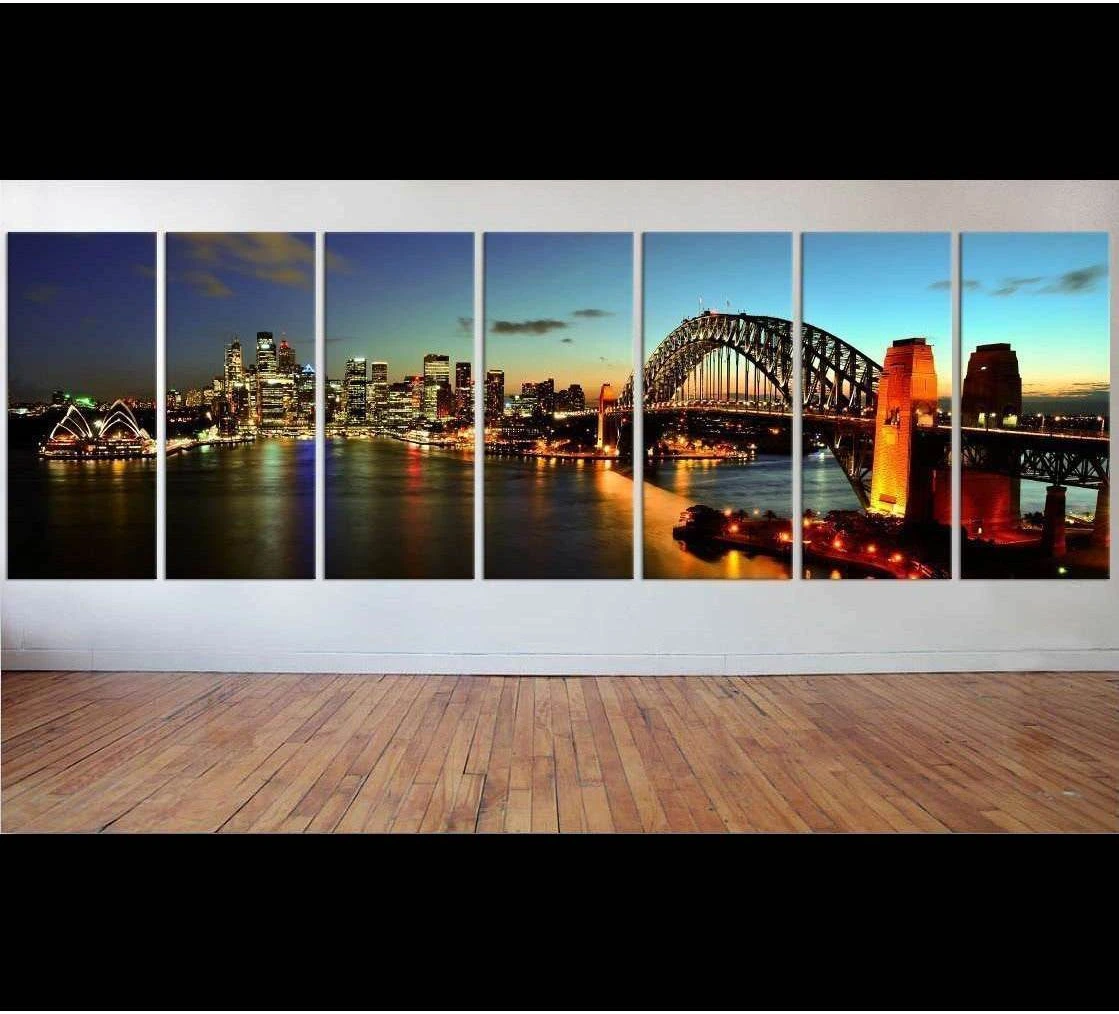 Sydney Harbour Bridge and Opera House canvas print at dusk displayed in a modern room