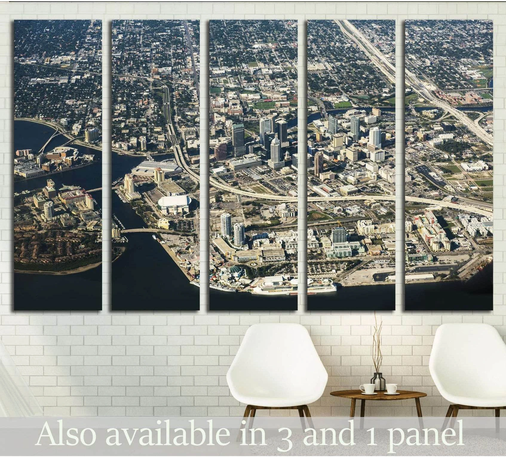 Tampa aerial view canvas print featuring downtown skyline and waterfront in a five-panel wall display