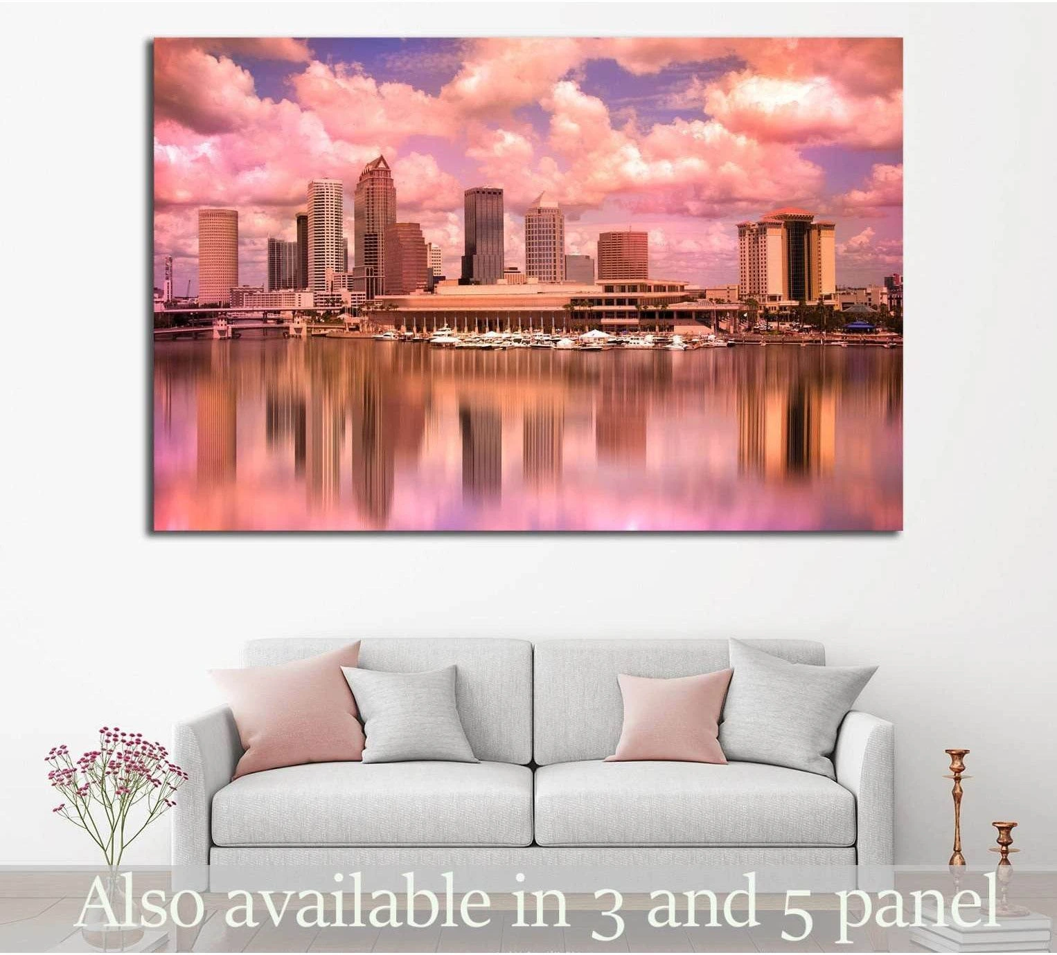 Tampa skyline canvas print with pink sunset clouds and waterfront reflections above a sofa