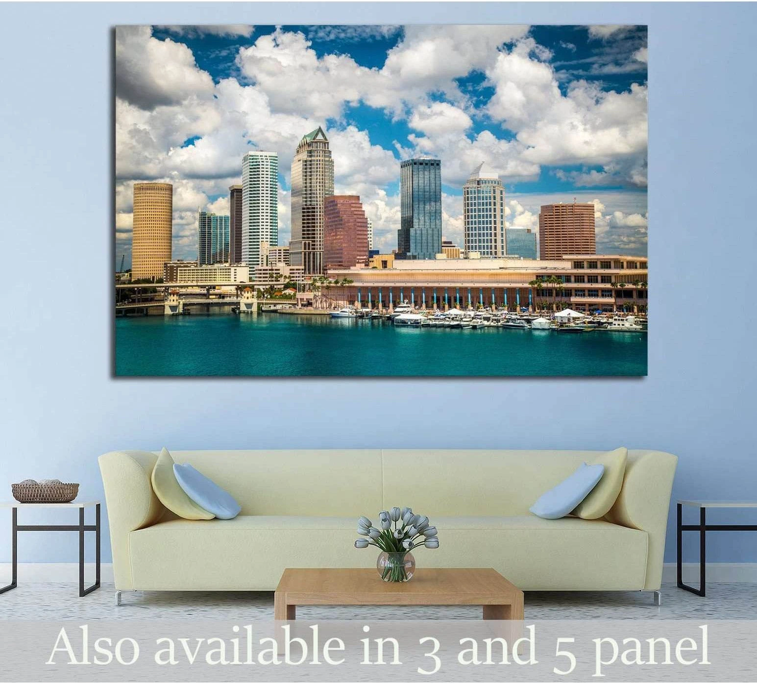 Tampa skyline canvas print above sofa with marina, turquoise water, and bright clouds