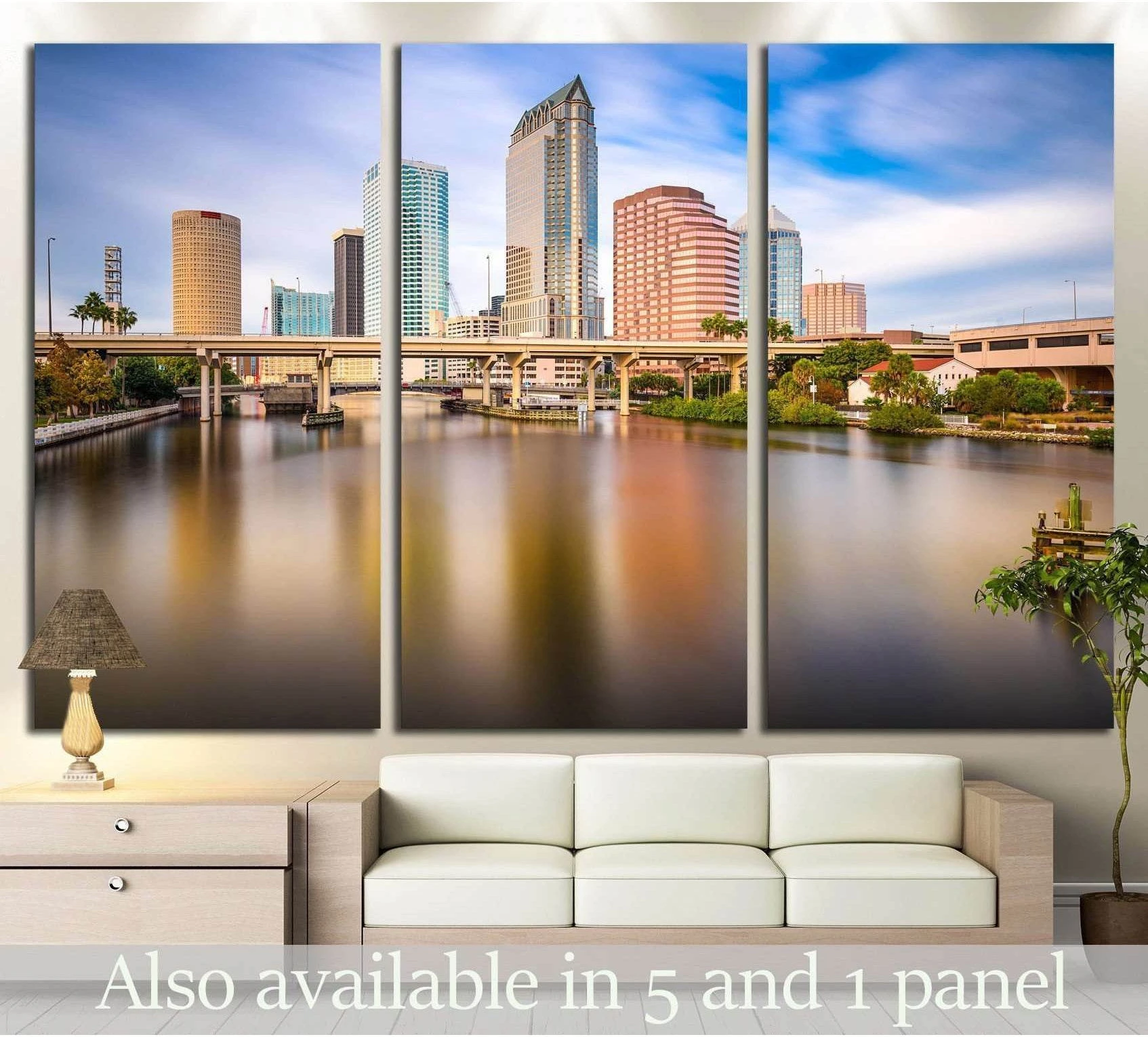 Tampa skyline triptych canvas print above a sofa with Hillsborough River and downtown towers