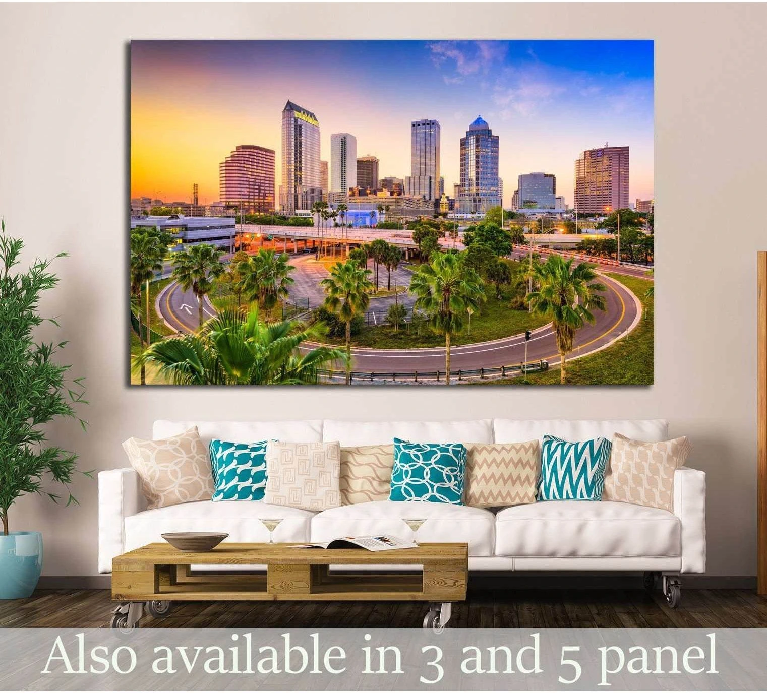 Tampa downtown skyline canvas print with palm trees and sunset city view above a sofa