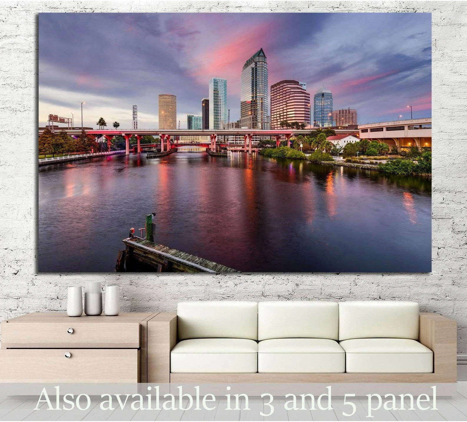 Tampa skyline canvas print above sofa with Hillsborough River and pink lavender sunset sky