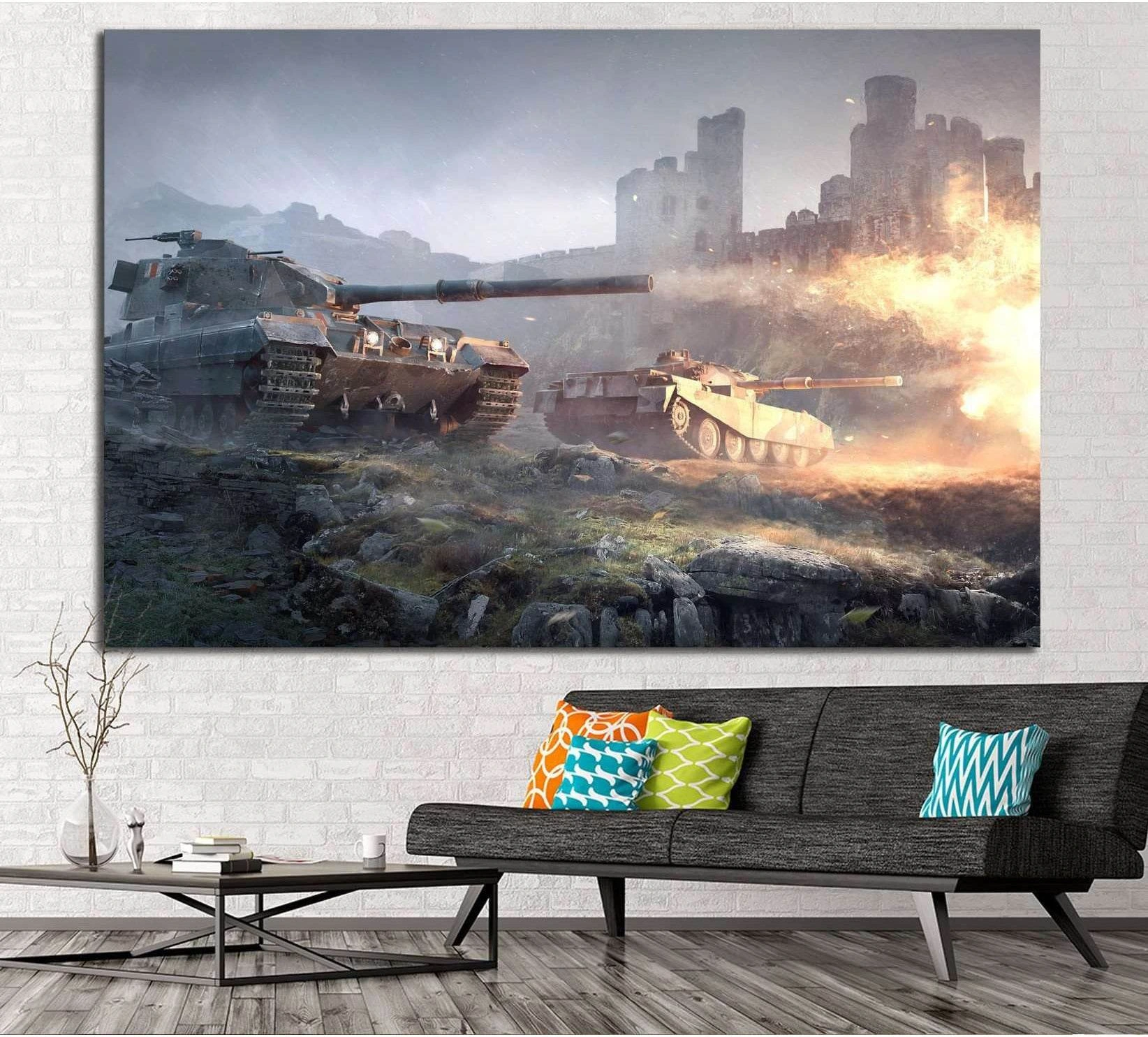 Tank battlefield canvas print with castle ruins and explosion, displayed above sofa in modern living room