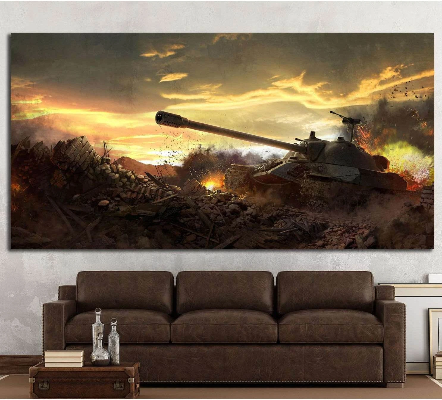 Battle tank canvas print with smoke, fire, and sunset sky above a sofa in a man cave