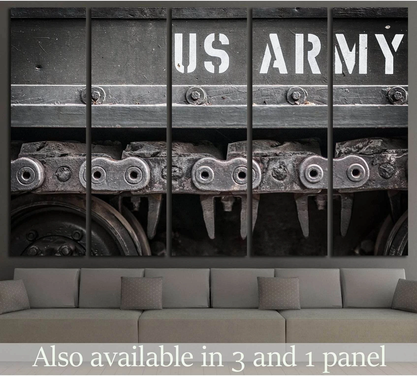 Close-up US Army tank tracks canvas print in black and white, displayed above a sofa