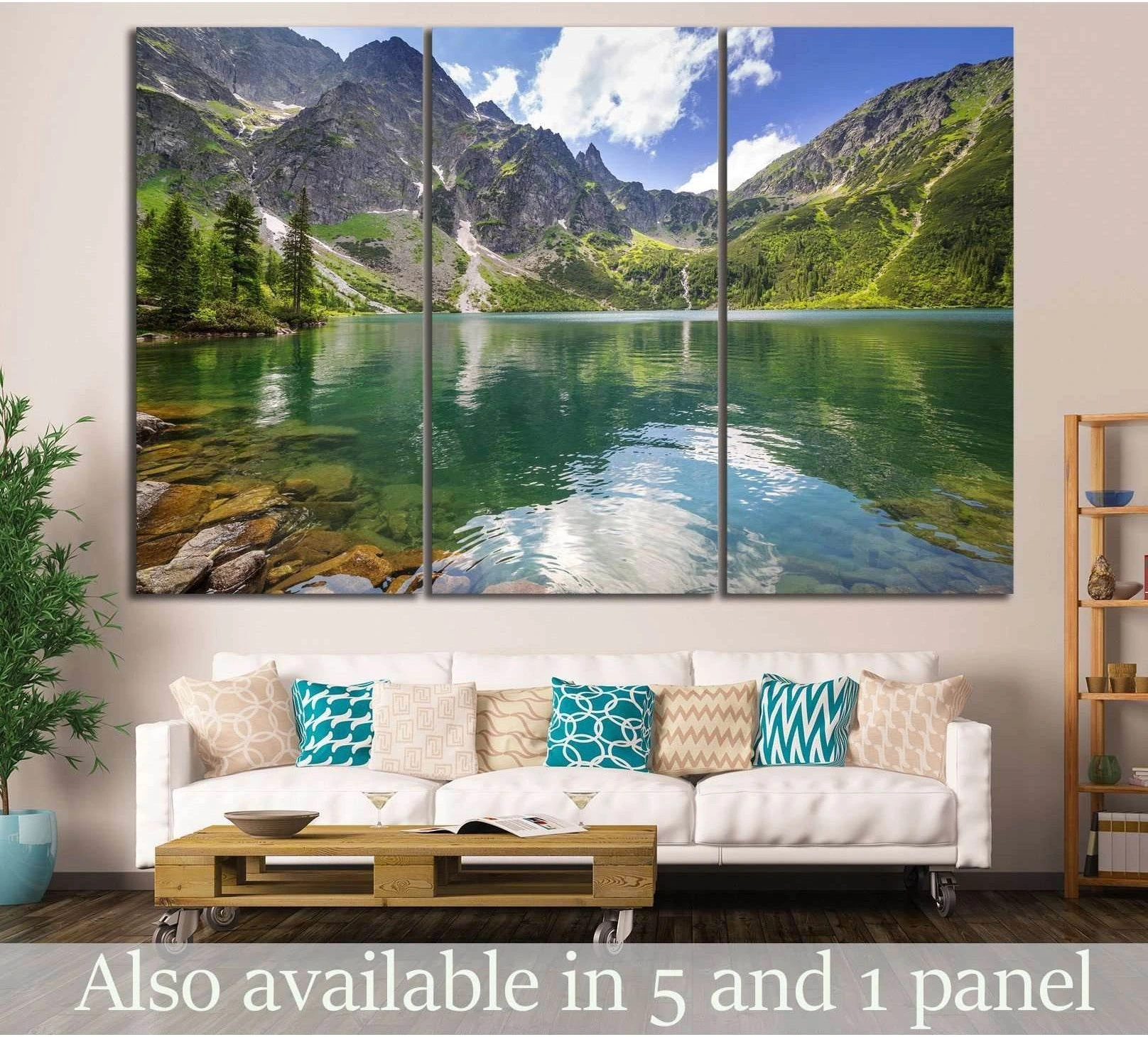 Tatra Mountains canvas print of Morskie Oko lake hung above a sofa in a modern living room
