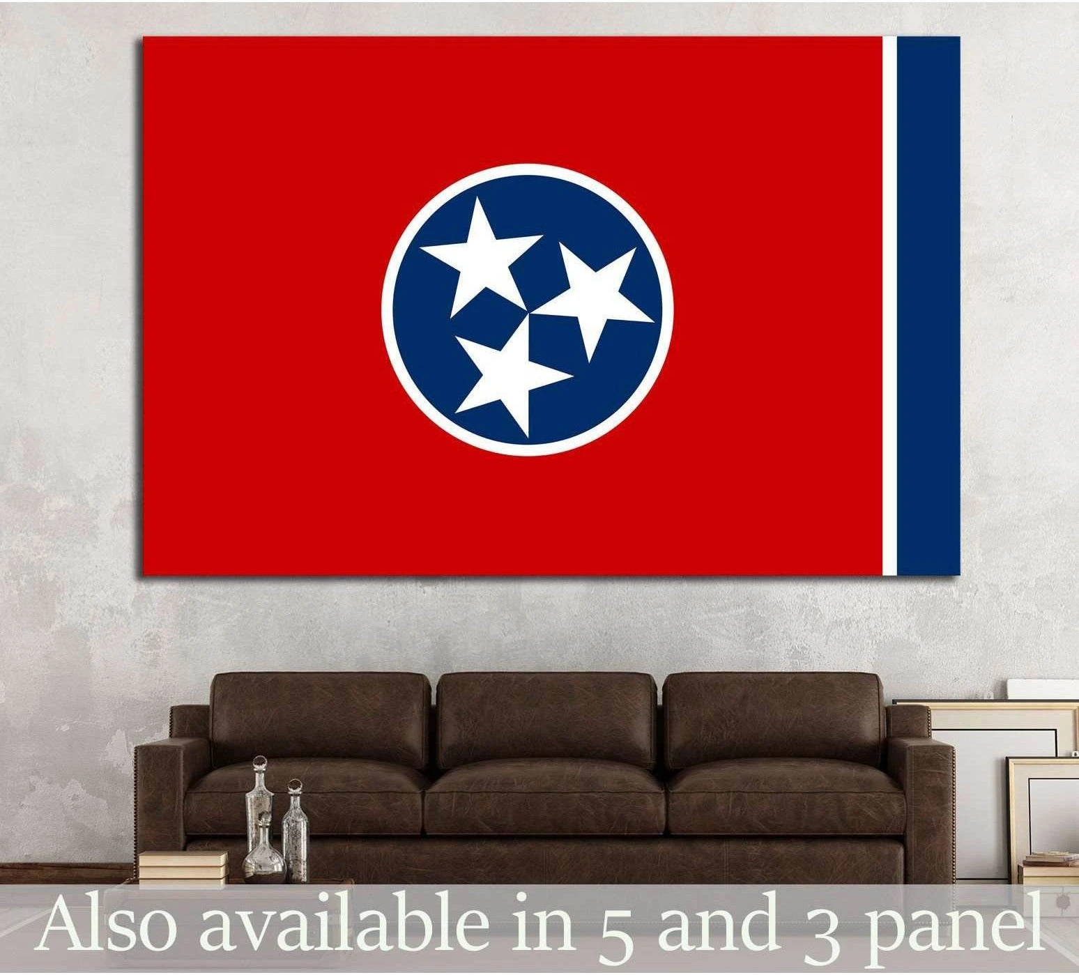 Tennessee flag canvas print with white tri-star on red field, displayed above a brown sofa