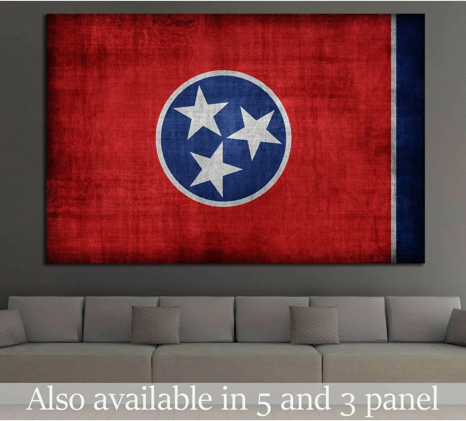Tennessee flag canvas print with tri-star emblem displayed above a sofa in a modern living room