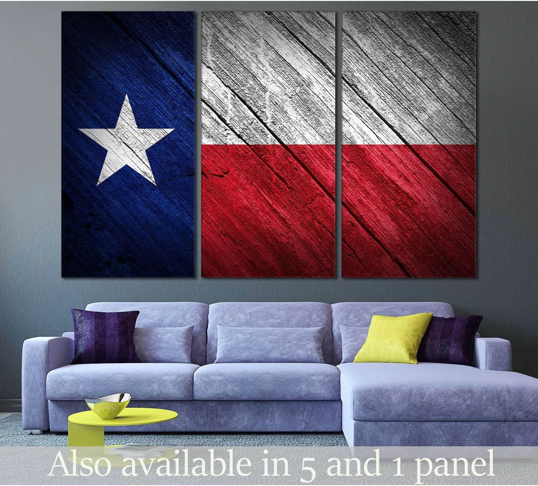 Rustic Texas flag triptych canvas print with wood-grain texture hung above a sofa in a modern living room
