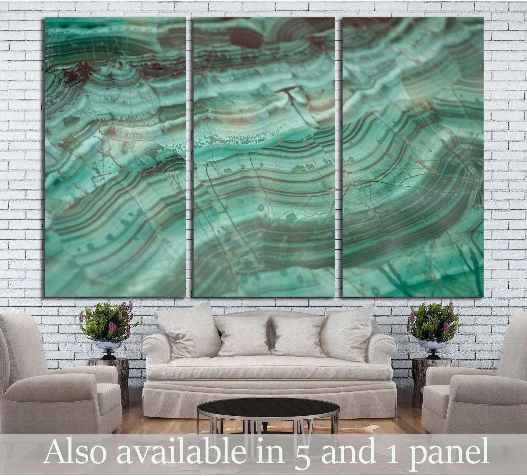 Texture of polished Malachite showing blue ocean wall art with water and coastal depth.