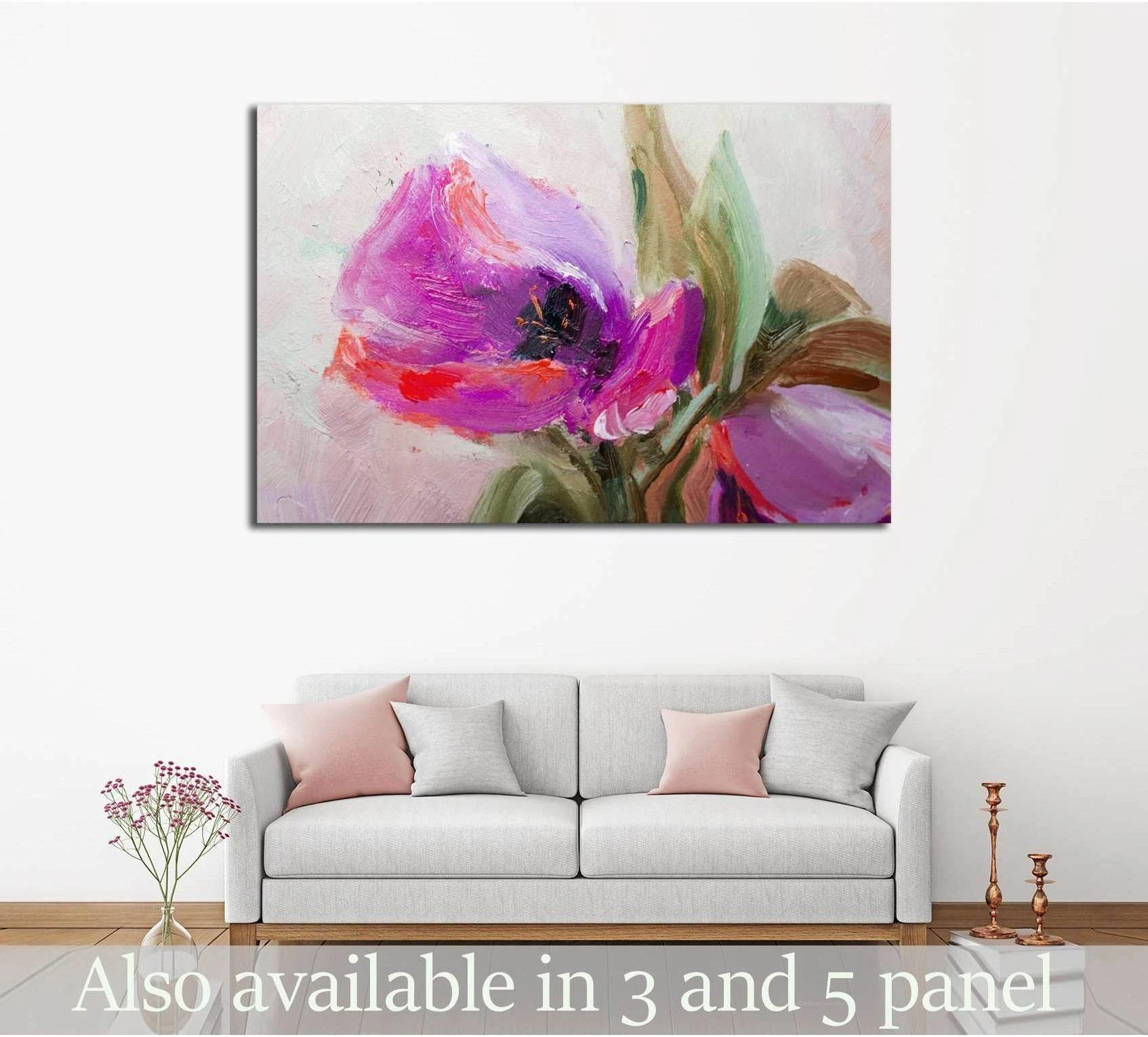 Purple floral canvas print with pink and lavender bloom above sofa in a neutral living room