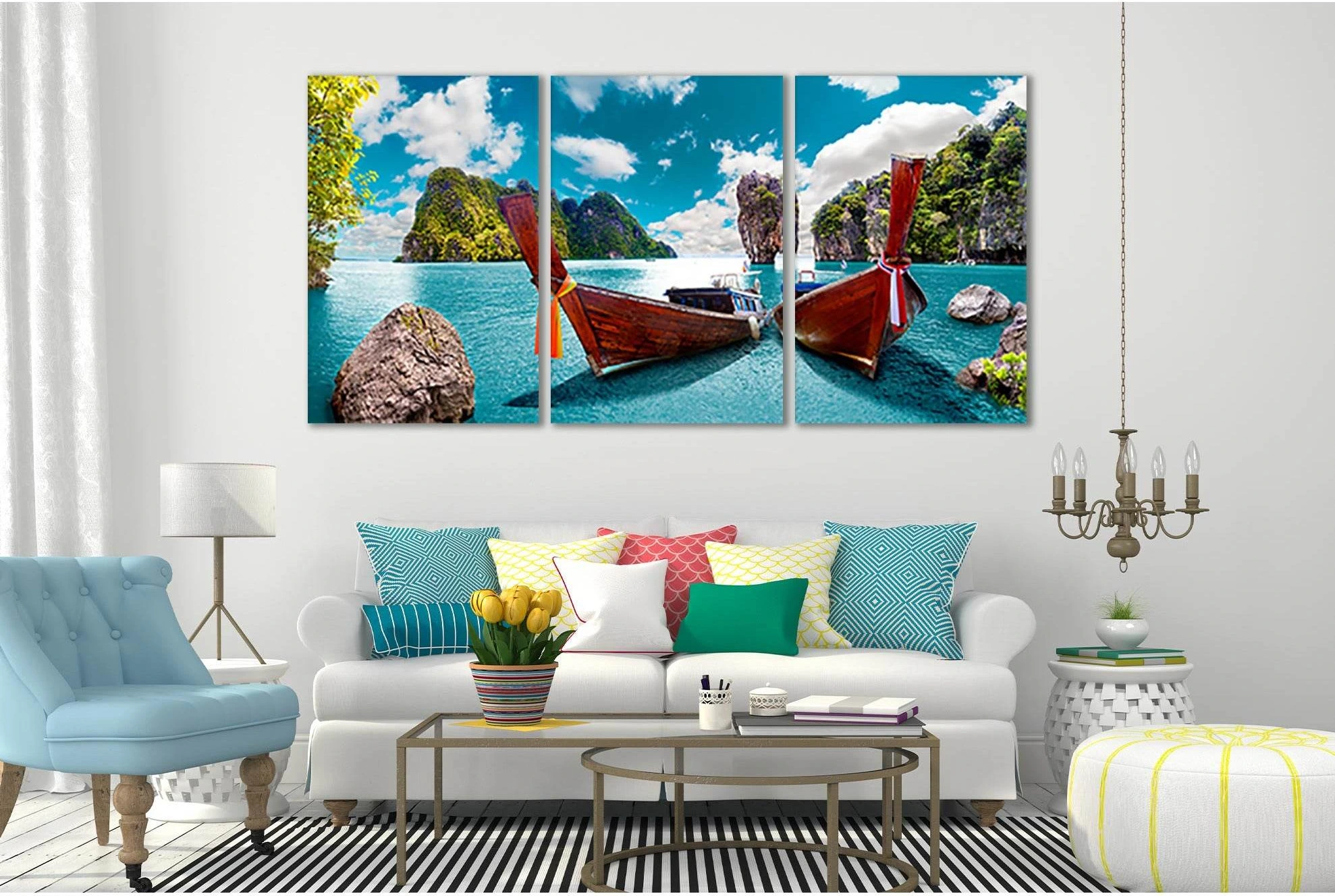 Turquoise Ocean Island Seascape with Boat Wall Art Canvas Print showing sea water, shoreline and horizon depth.
