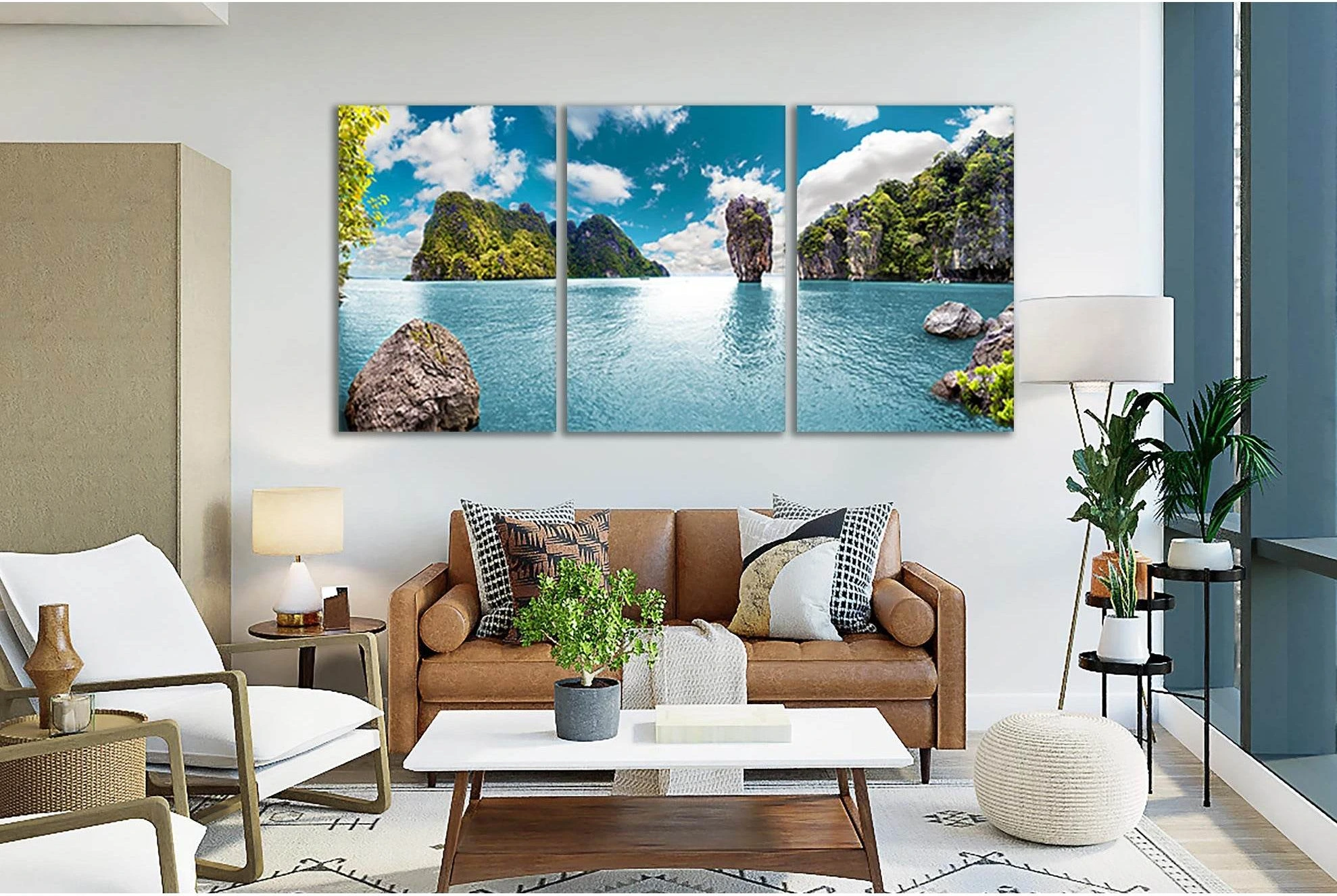 Turquoise ocean seascape with green islands, rocky cliffs and white clouds under a blue sky detail view