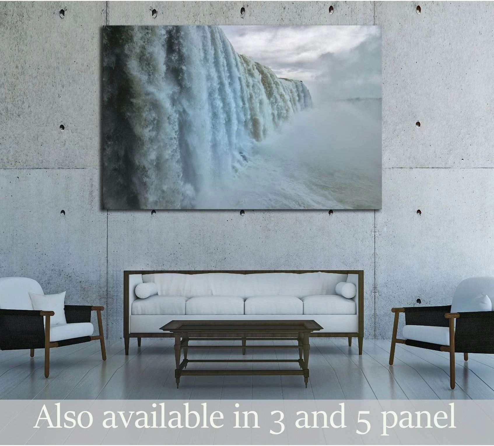 Panoramic Iguazu Falls canvas print with misty blue-grey waterfall cliffs above a modern sofa