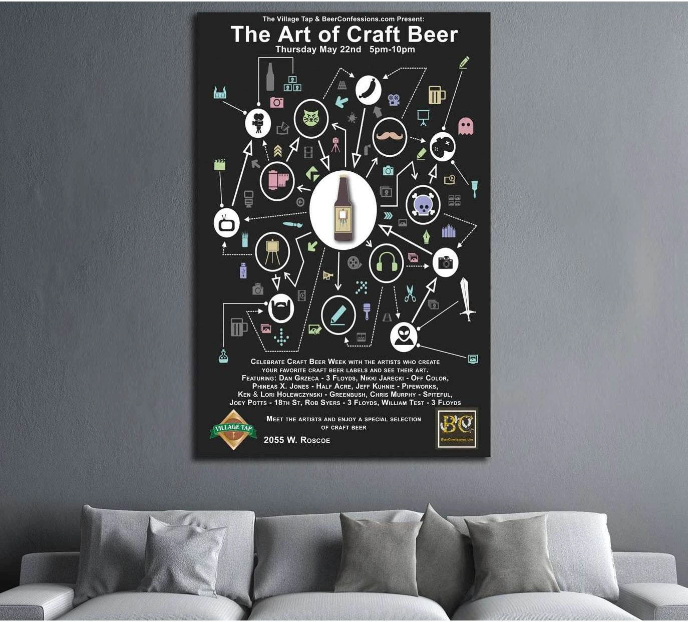 Craft beer infographic canvas print with central beer bottle and pastel pub icons on black background above a gray sofa