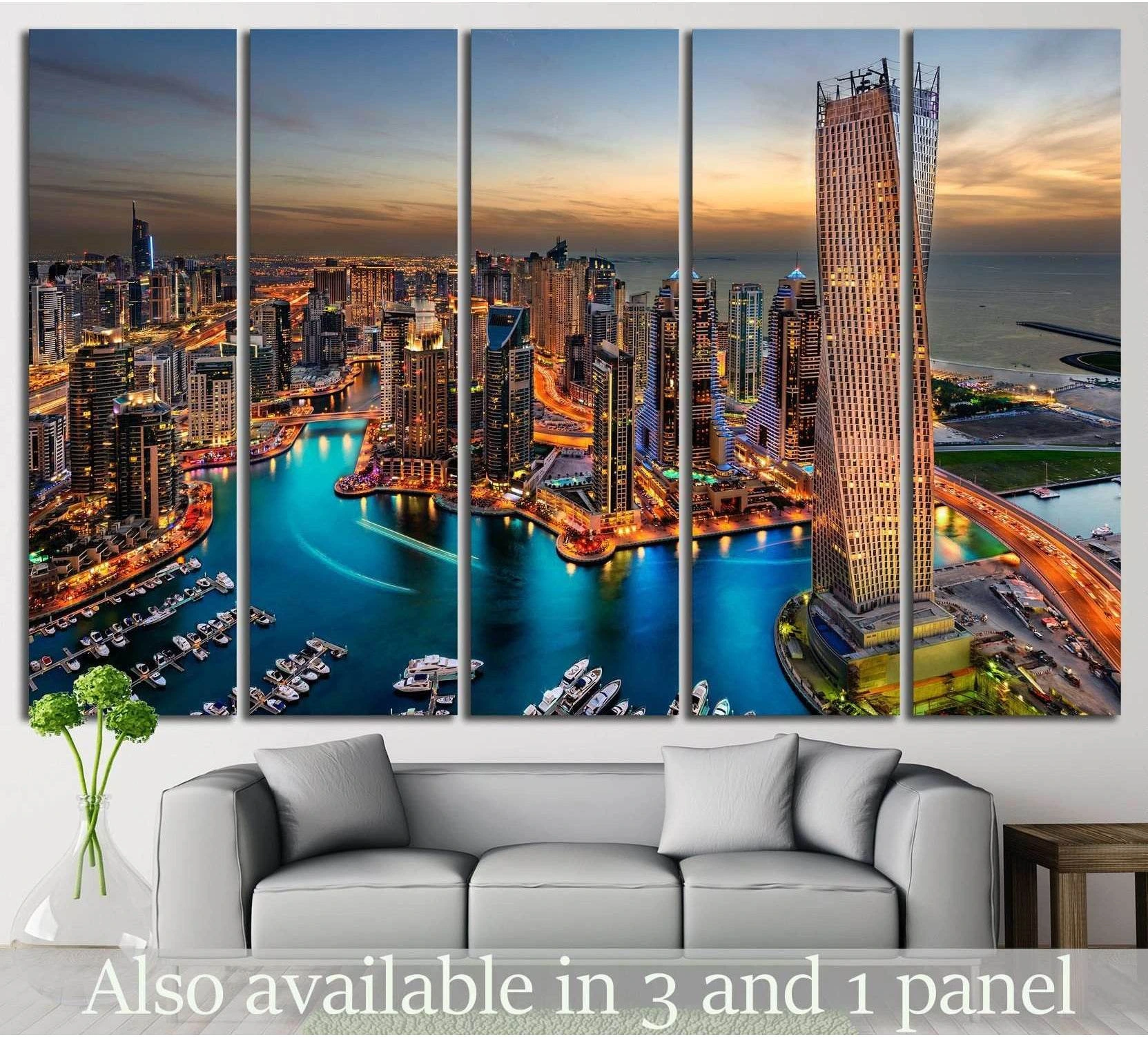 Dubai Marina skyline canvas print with yachts and turquoise water at sunset above a gray sofa