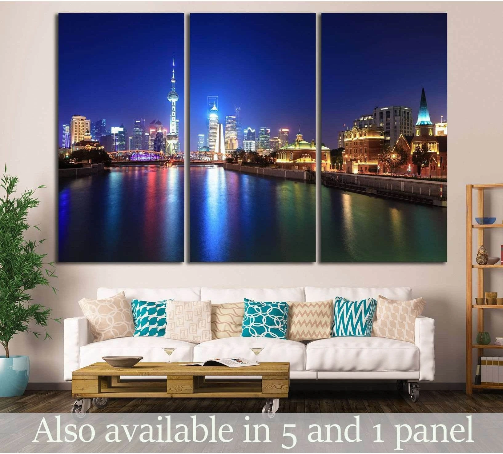 Shanghai skyline triptych canvas print above a sofa with Oriental Pearl Tower and river lights